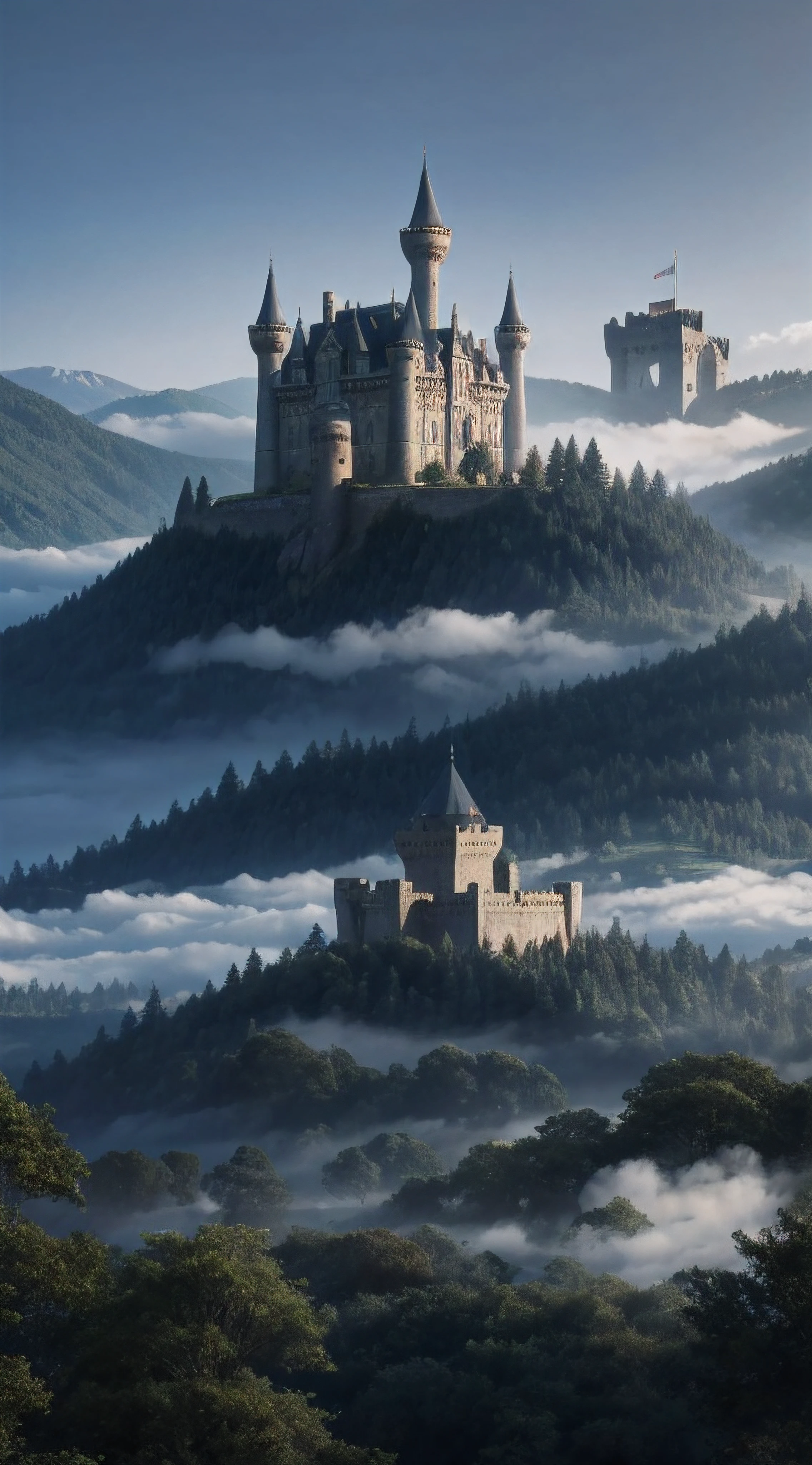 An ancient castle looms behind the mists of the dense forest --auto