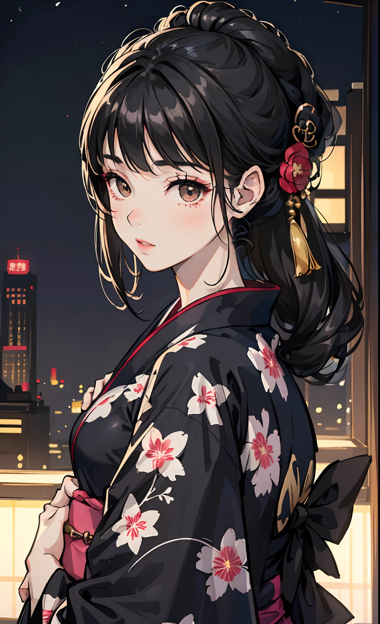 Beautiful girl with black hair with beautiful skin wearing a realistic and cute yukata