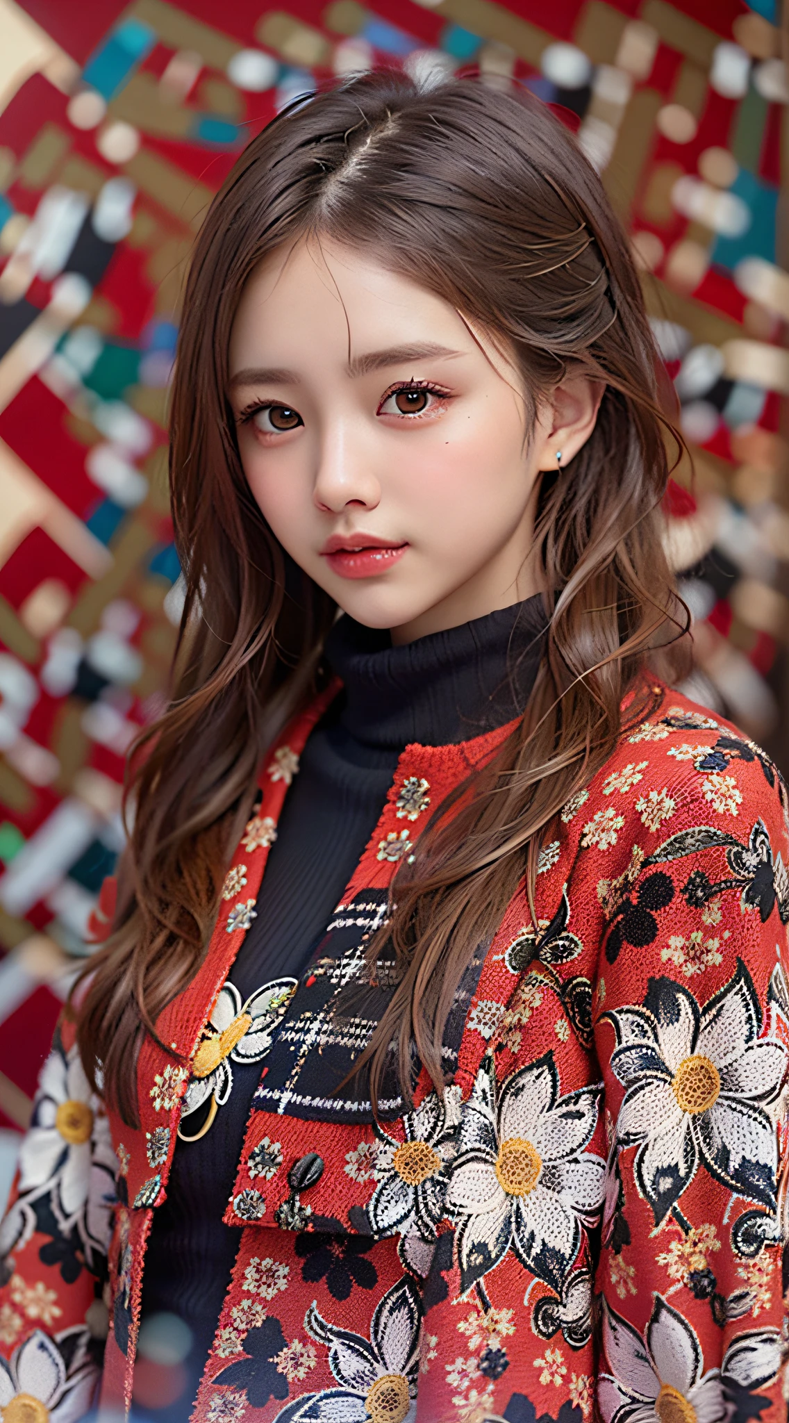 (symmetrical, Compositions with colorful geometric arabesque patterns, Flowers and bubble), break, (1girl:1.3), (18 years old), Super beautiful detailed face, smile shyly, symmetrical black eyes, small breasts), break, (red houndstooth coat:1.4), (off-white turtleneck sweater dress:1.3), dark brown hair, half updo, (Fine face:1.2), break, High quality, Realistic, extremely detailed CG unified 8k wallpaper, highly detailed, High-definition raw color photos, professional photography, Realistic portrait, Cinematic Light, Beautiful detailed, Super Detail, high details, (((Bokeh))), depth of fields, illumination, Super stylish lighting