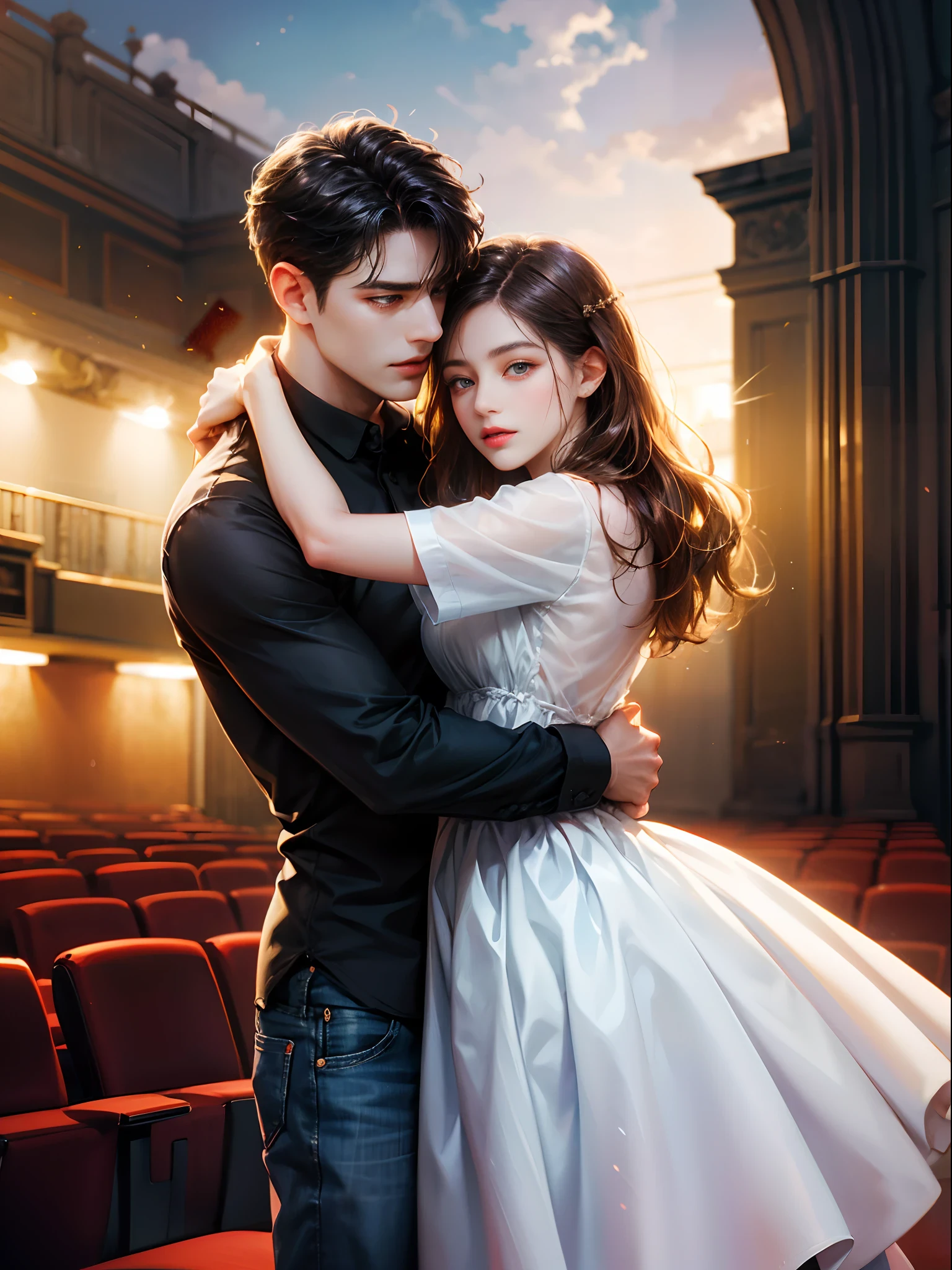 Couple, 1 girl 1 boy, different hair color, longe brown wavy hair, no bangs and brown eyes, purpleshort dress, short black hair, wavy hair and (sky blu eyes) , black shirt, jeans. Height different, detailed face, detailed hands. Hug. The look at the viewer. Background inside a theatre