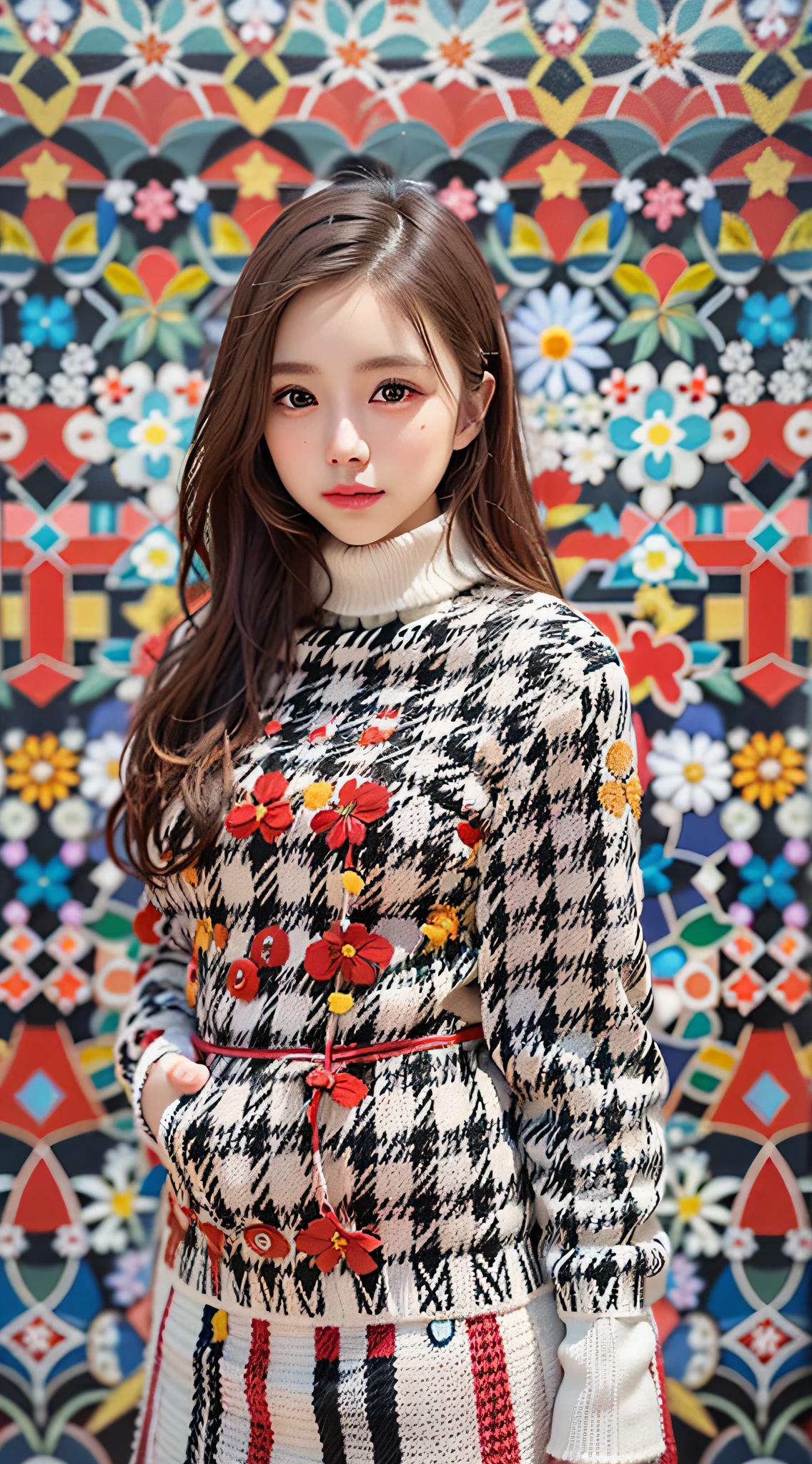 (symmetrical, Compositions with colorful geometric arabesque patterns, Flowers and bubble), break, (1girl:1.3), (18 years old), Super beautiful detailed face, smile shyly, symmetrical black eyes, small breasts), break, (red houndstooth coat:1.4), (off-white turtleneck sweater dress:1.3), dark brown hair, half updo, (Fine face:1.2), break, High quality, Realistic, extremely detailed CG unified 8k wallpaper, highly detailed, High-definition raw color photos, professional photography, Realistic portrait, Cinematic Light, Beautiful detailed, Super Detail, high details, (((Bokeh))), depth of fields, illumination, Super stylish lighting