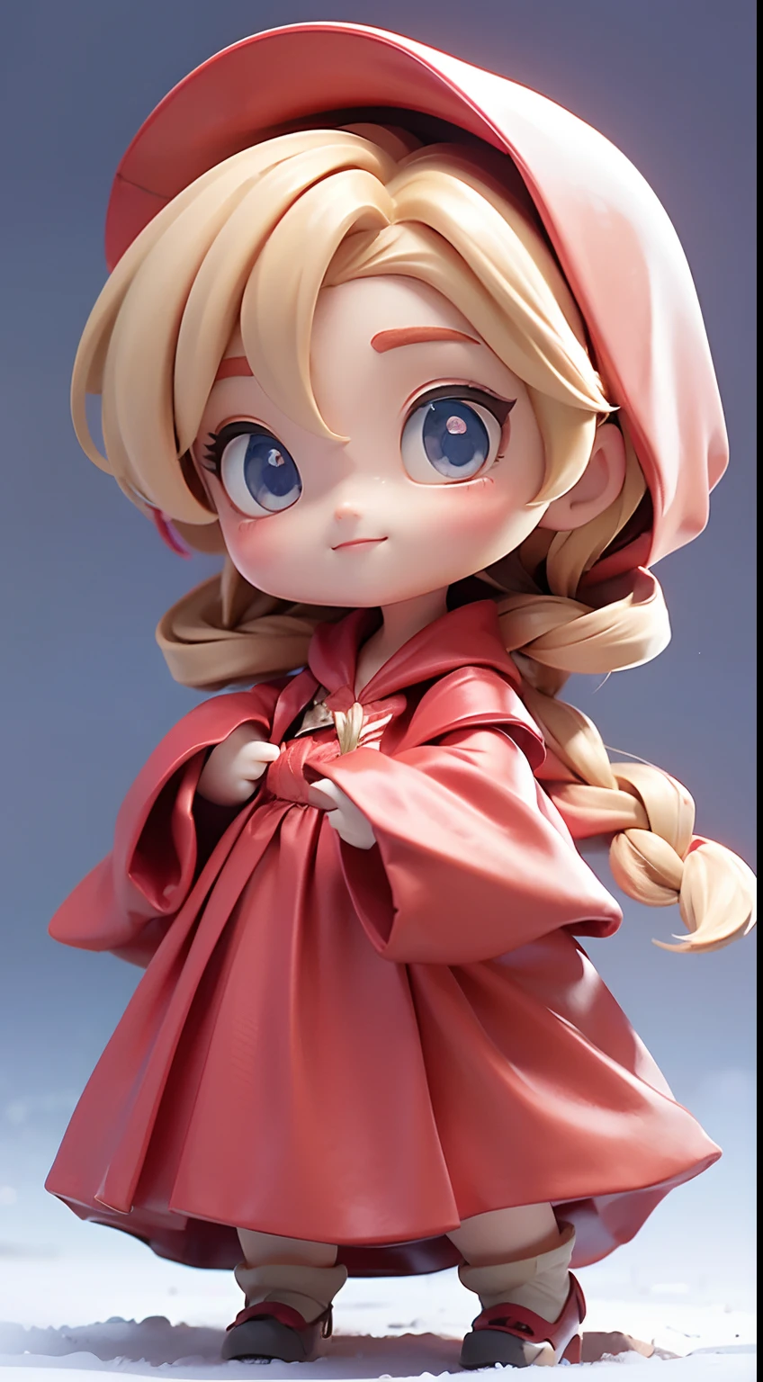 (Best Quality,4K,High resolution), Little pretty girl、red riding hood、((Wearing a red hood、Wearing a fairytale red dress、Blonde and short braided hair、))、Full body projection、ssmile、Chibi、Beautiful blue eyes、Comical depiction、kawaii illustration、busy、Colorful fairytale forest