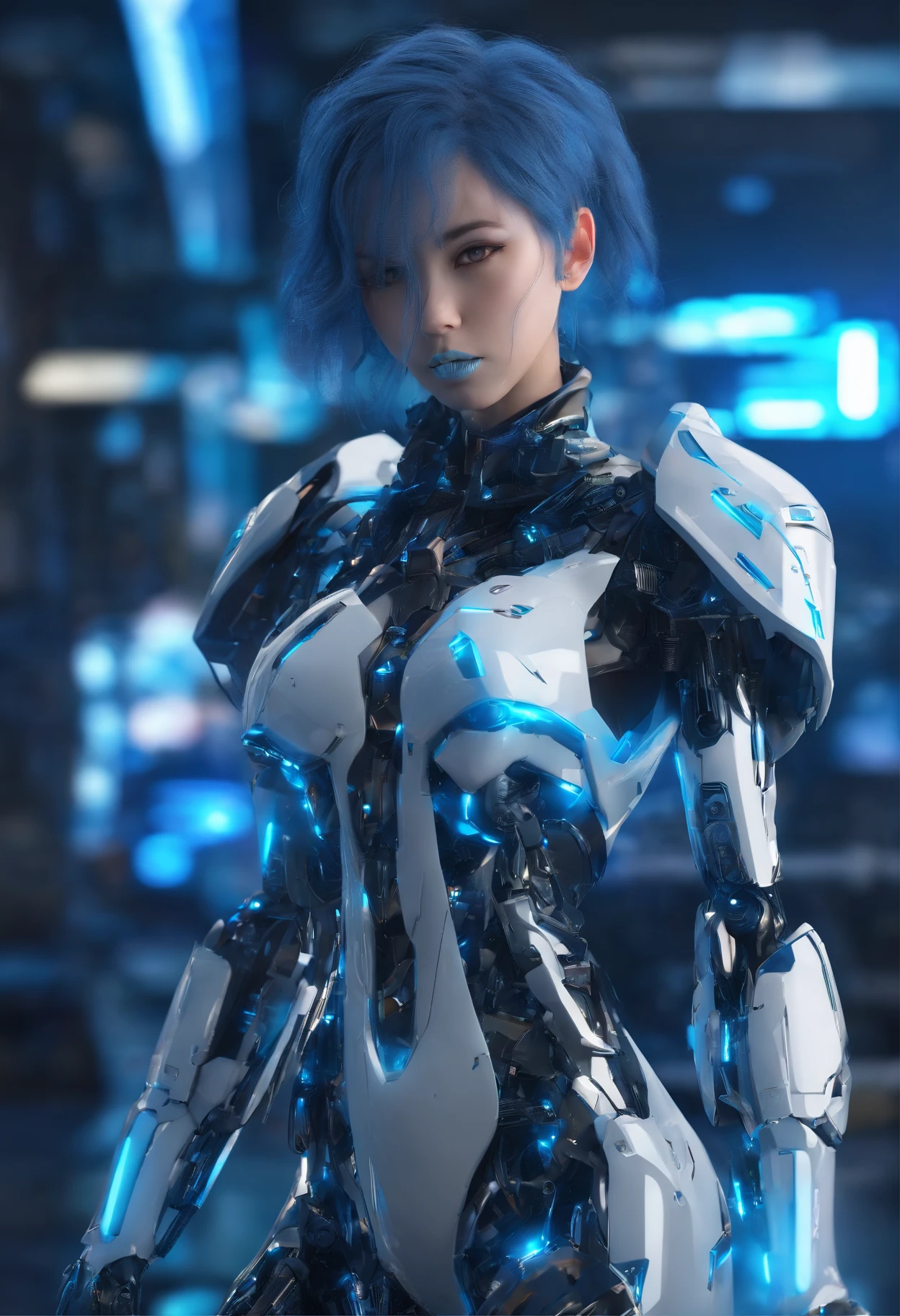 Close-up of a blue-haired woman and a blue robot, anime robotic mixed with organic, CGSesociety, anime mecha aesthetic, girl in mecha cyber armor, cyberpunk anime girl mech, trending on cgstation, Guviz, Phlegm sputum, phlegm |, Cute cyborg girl, Smooth blue armor, Guviz-style artwork,Blue girl