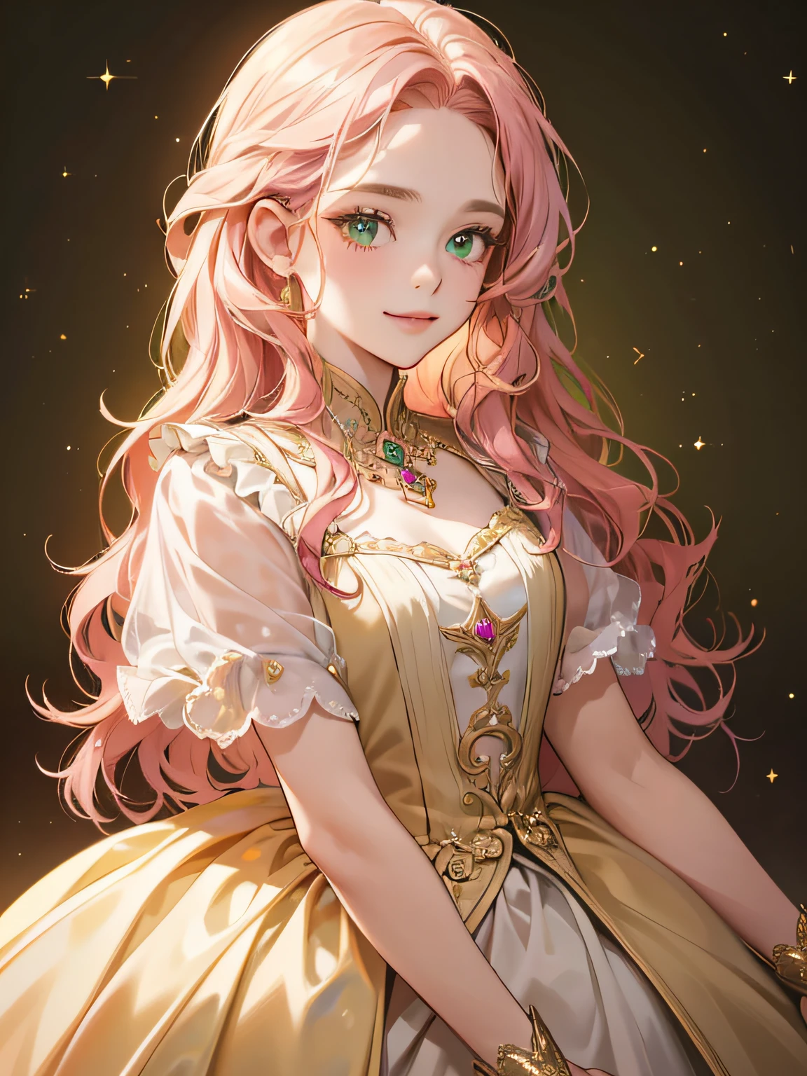 {(best quality, 8k, masterpiece, HDR, soft lighting, perfect image, 1:2 detailed face)} 1 12 year old girl, pink wavy hair, green eyes (light smile) wearing luxurious dress, dreamlike background , details in gold and sparkles