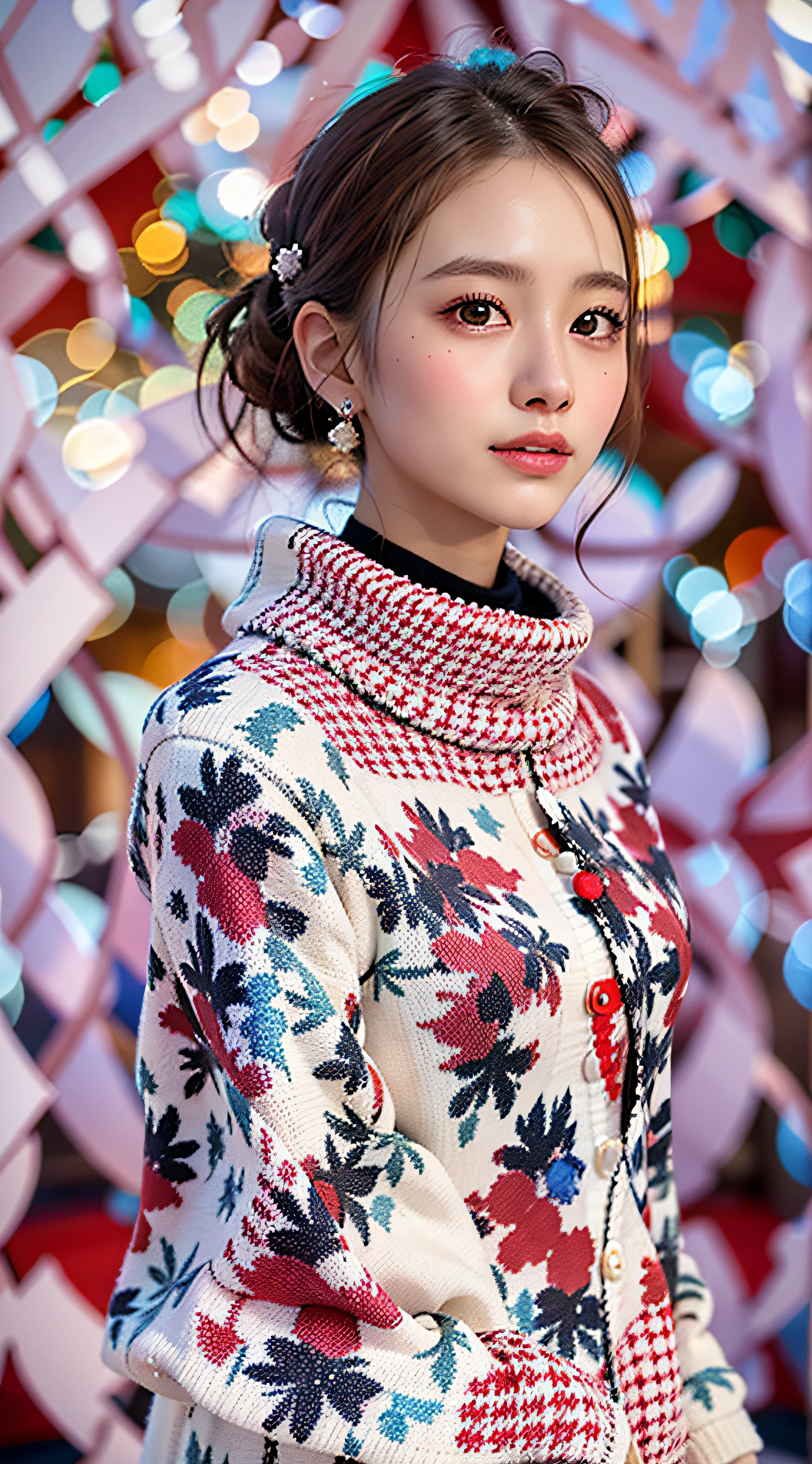 (symmetrical, Compositions with colorful geometric arabesque patterns, Flowers, bubbles and splash and Shining), break, (1girl), (18 years old), Super beautiful detailed face, smile shyly, symmetrical black eyes, small breasts), break, (red houndstooth coat:1.4), (off-white turtleneck sweater dress:1.3), dark brown hair, half updo, (Fine face:1.2), break, High quality, Realistic, extremely detailed CG unified 8k wallpaper, highly detailed, High-definition raw color photos, professional photography, Realistic portrait, Cinematic Light, Beautiful detailed, Super Detail, high details, (((Bokeh))), depth of fields, illumination, Super stylish lighting