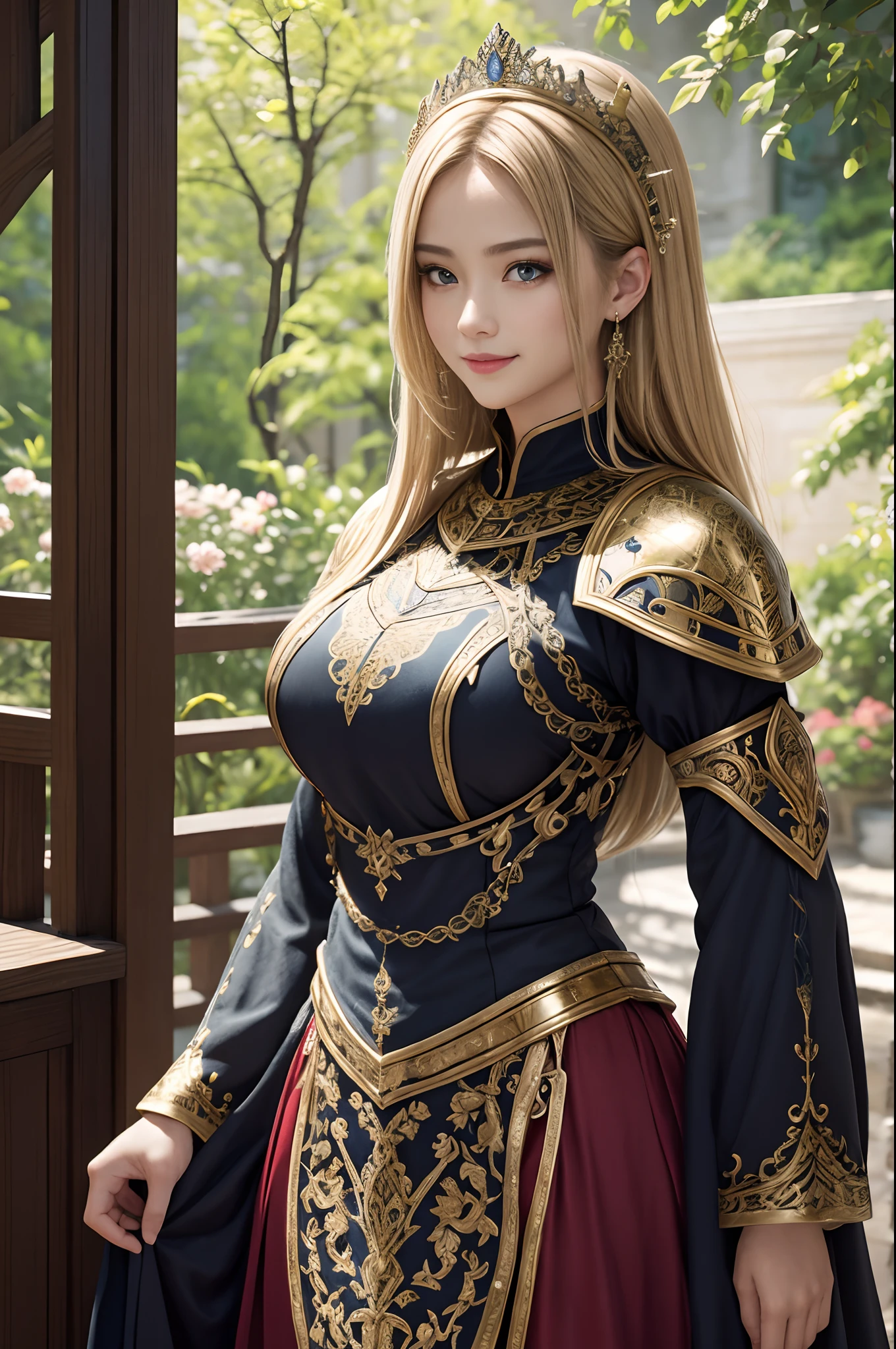 (dark shot:1.1)The whole body of a mature holy knight,Big sexy holy knight chest armor(absurderes、hight resolution、The ultra-detailliert)、One woman's whole body、Red and white female Holy Knight armor,Mature holy knight with big breasts、Extravagant black and gold trousers、Blonde short bob、Skinny and big、blue eyess、long-sleeve、finely eye and detailed face、intricate detailes、BREAK mosaic art、small pieces、colorful tesserae、Complex pattern、Tiled design、durable surfaces、Old fashioned technique BREAK macro photography、extreme close - up、intricate detailes、Enlarged texture、stunning clarity、Hidden beauty、Interruption of immersive perspective、artisanal creations、Handmade Products、unique designs、intricate detailes、Creative expression、skilled craftsmanship、魅惑的、enticing、English Garden、A smile、