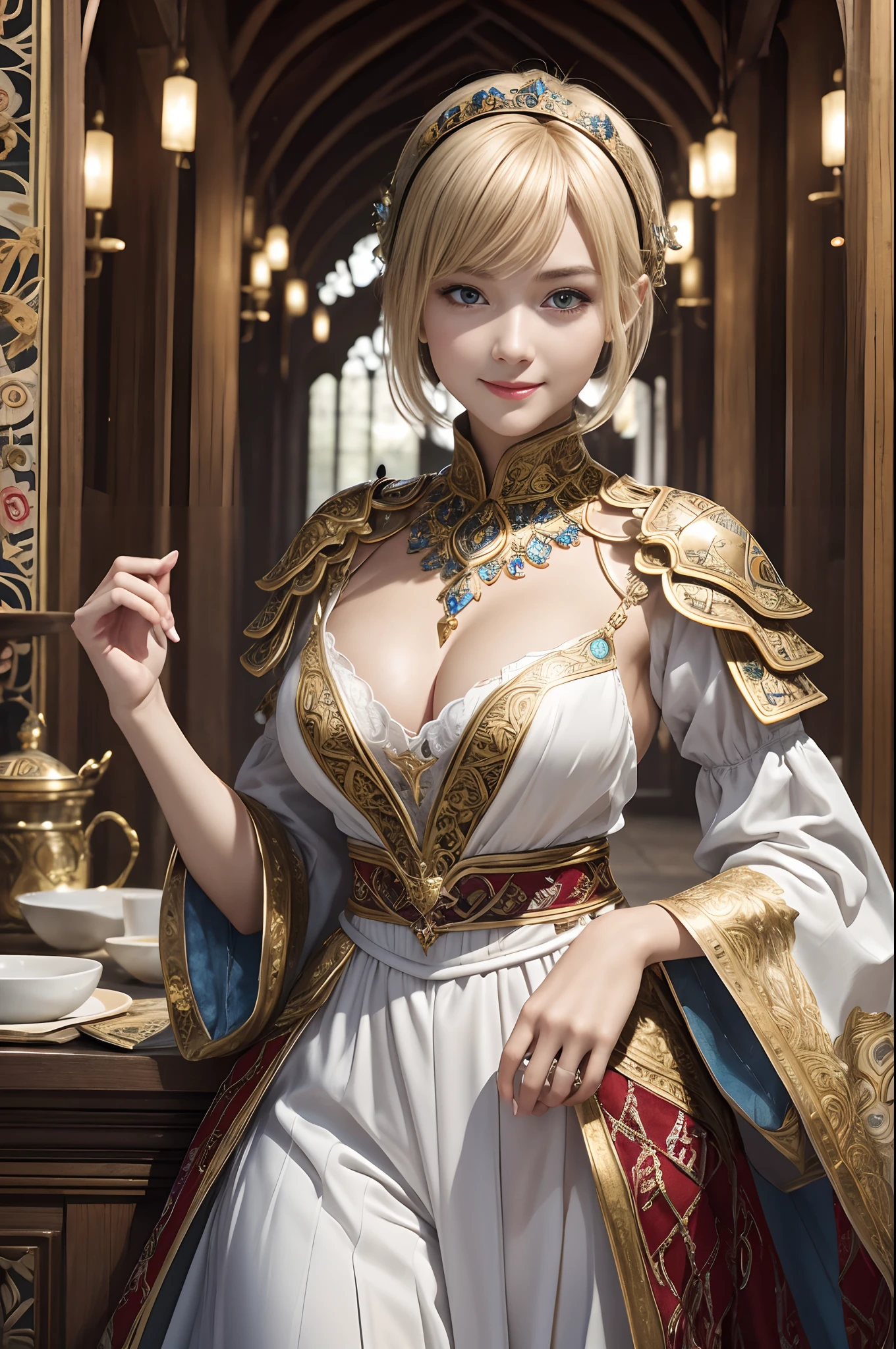 (dark shot:1.1)The whole body of a mature holy knight,Big sexy holy knight chest armor(absurderes、hight resolution、The ultra-detailliert)、One woman's whole body、Red and white female Holy Knight armor,Mature holy knight with big breasts、Extravagant black and gold trousers、Blonde short bob、Skinny and big、blue eyess、long-sleeve、finely eye and detailed face、intricate detailes、BREAK mosaic art、small pieces、colorful tesserae、Complex pattern、Tiled design、durable surfaces、Old fashioned technique BREAK macro photography、extreme close - up、intricate detailes、Enlarged texture、stunning clarity、Hidden beauty、Interruption of immersive perspective、artisanal creations、Handmade Products、unique designs、intricate detailes、Creative expression、skilled craftsmanship、魅惑的、enticing、English Garden、A smile、