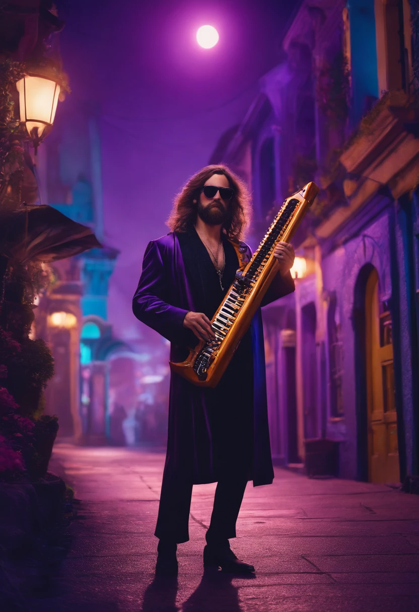 Man, purple robe, brown hair, mullet, beard, black sunglasses, playing keytar, fantasy town