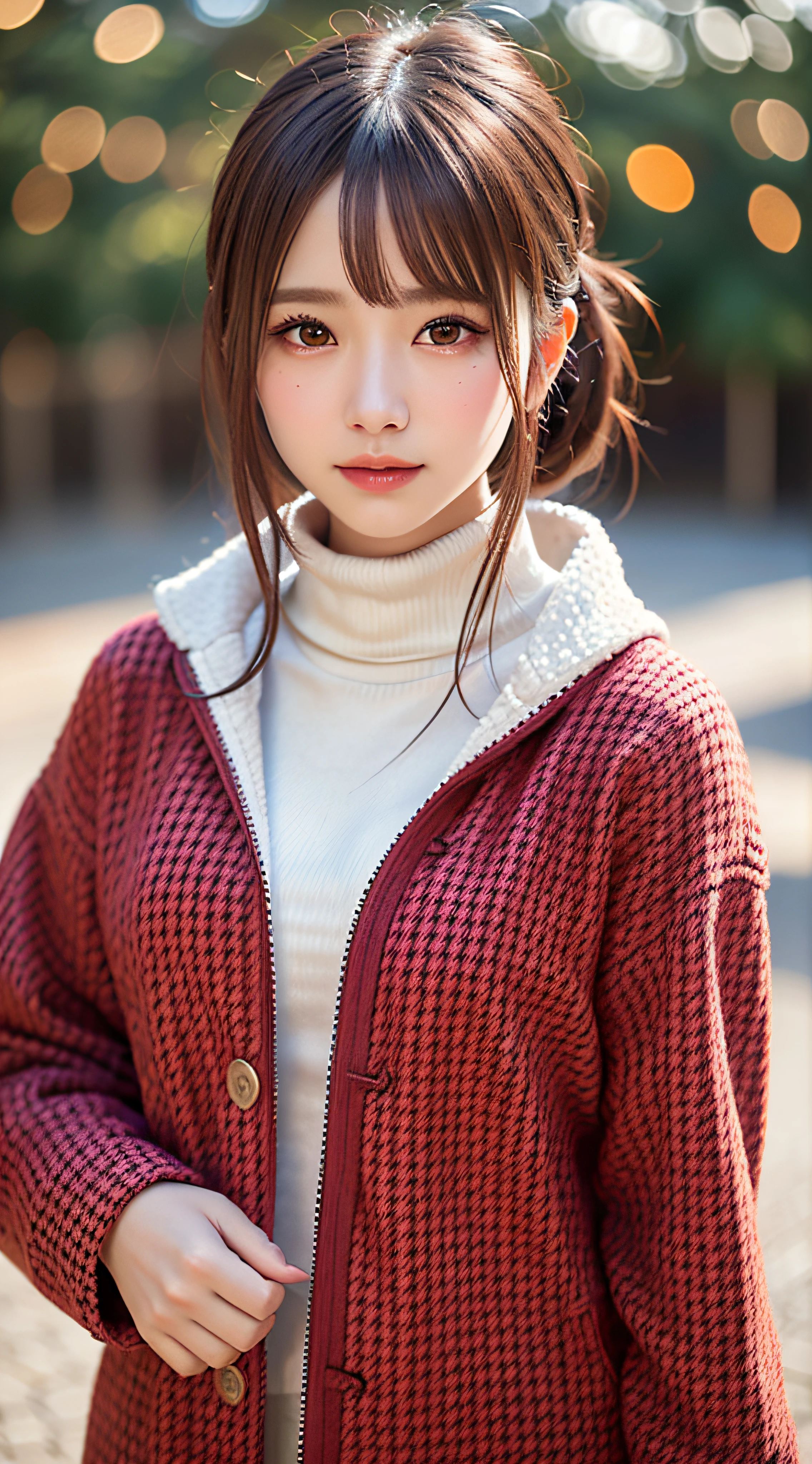 (symmetrical, Compositions with colorful geometric arabesque patterns, Flowers, bubbles and splash and Shining), break, (1girl), (18 years old), Super beautiful detailed face, smile shyly, symmetrical black eyes, small breasts), break, (red houndstooth coat:1.4), (off-white turtleneck sweater dress:1.3), dark brown hair, half updo, (Fine face:1.2), break, High quality, Realistic, extremely detailed CG unified 8k wallpaper, highly detailed, High-definition raw color photos, professional photography, Realistic portrait, Cinematic Light, Beautiful detailed, Super Detail, high details, (((Bokeh))), depth of fields, illumination, Super stylish lighting