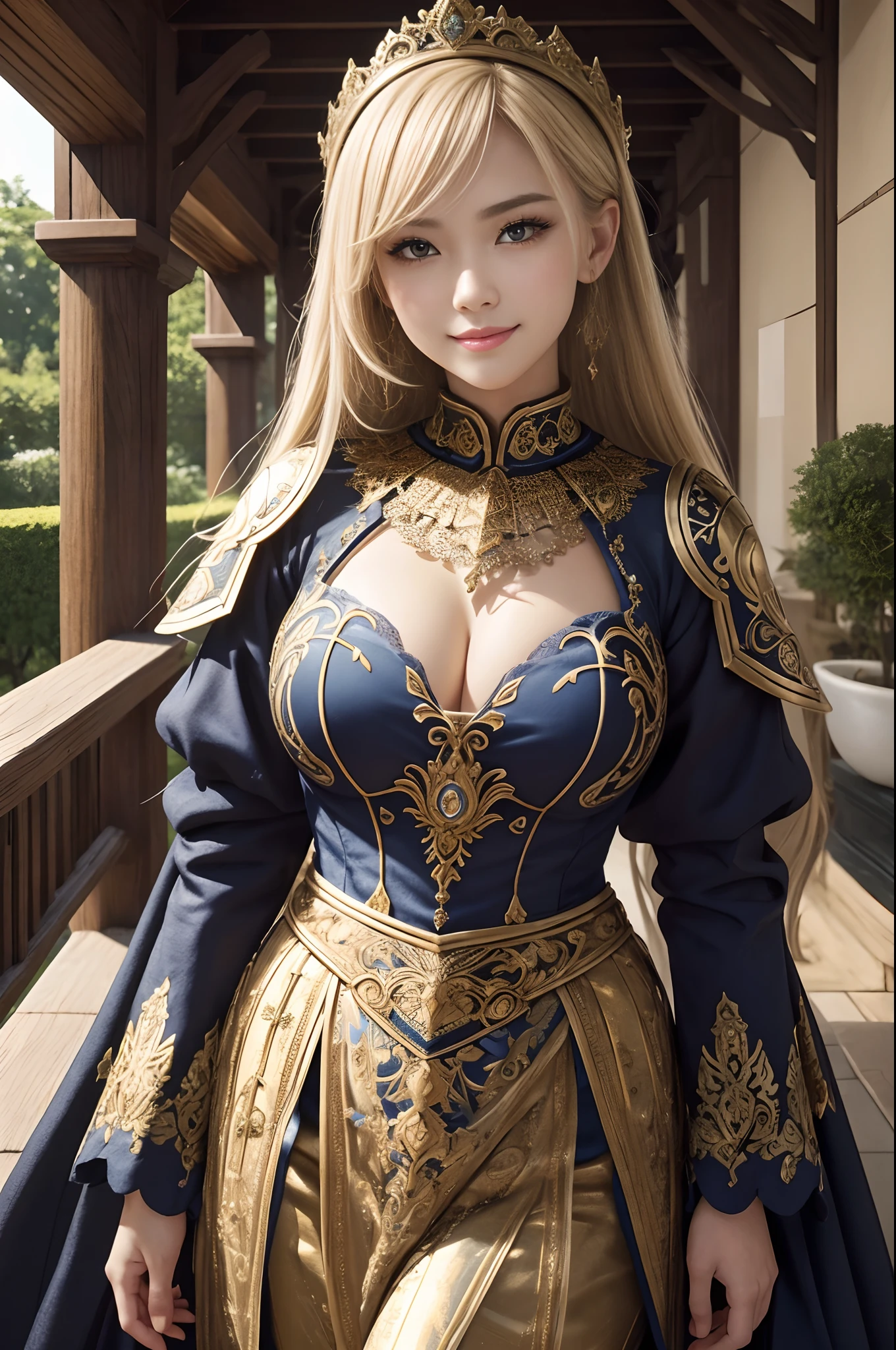 (dark shot:1.1)The whole body of a mature holy knight,Big sexy holy knight chest armor(absurderes、hight resolution、The ultra-detailliert)、One woman's whole body、Red and white female Holy Knight armor,Mature holy knight with big breasts、Extravagant black and gold trousers、Blonde short bob、Skinny and big、blue eyess、long-sleeve、finely eye and detailed face、intricate detailes、BREAK mosaic art、small pieces、colorful tesserae、Complex pattern、Tiled design、durable surfaces、Old fashioned technique BREAK macro photography、extreme close - up、intricate detailes、Enlarged texture、stunning clarity、Hidden beauty、Interruption of immersive perspective、artisanal creations、Handmade Products、unique designs、intricate detailes、Creative expression、skilled craftsmanship、魅惑的、enticing、English Garden、A smile、