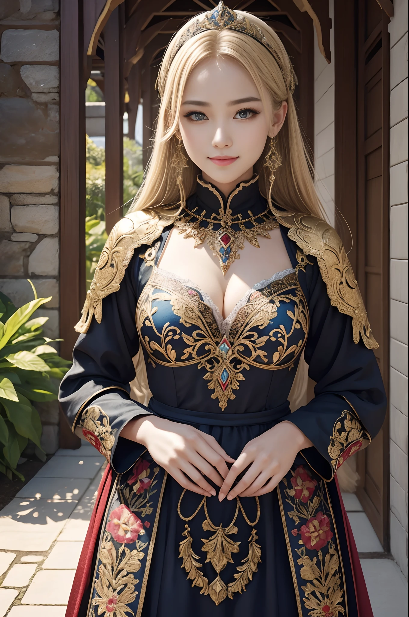 (dark shot:1.1)The whole body of a mature holy knight,Big sexy holy knight chest armor(absurderes、hight resolution、The ultra-detailliert)、One woman's whole body、Red and white female Holy Knight armor,Mature holy knight with big breasts、Extravagant black and gold trousers、Blonde short bob、Skinny and big、blue eyess、long-sleeve、finely eye and detailed face、intricate detailes、BREAK mosaic art、small pieces、colorful tesserae、Complex pattern、Tiled design、durable surfaces、Old fashioned technique BREAK macro photography、extreme close - up、intricate detailes、Enlarged texture、stunning clarity、Hidden beauty、Interruption of immersive perspective、artisanal creations、Handmade Products、unique designs、intricate detailes、Creative expression、skilled craftsmanship、魅惑的、enticing、English Garden、A smile、
