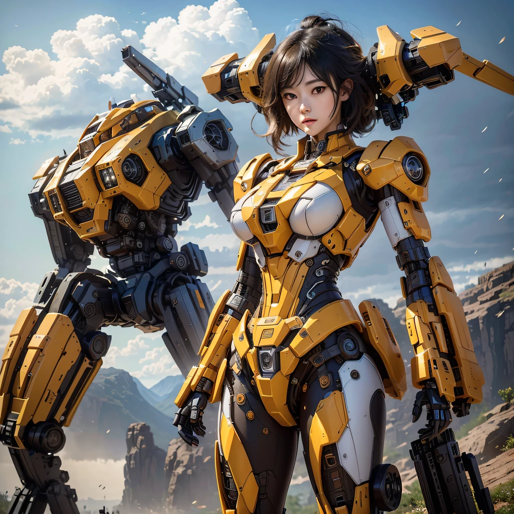 Bright orange mech((ultra real detailed.mecha-girl) (Masterpiece, Top quality, Best quality, offcial art, Beauty and aesthetics: 1.2), Very detailed, Colorful, Most detailed, branches,mecha-girl, (Mards)mecha-girl(canyons), (Linen Future Mecha Girl), Angry fighting stance, looking at the ground, Batik linen bandana, Crane pattern long sleeve garment,Mecha Maiden Canyon(Abstract propylene splash:1.2), Dark clouds lightning background,Sprinkle with golden mech girl powder(realisticlying:1.4),Black color hair,CG Giants,, Realistic secret manga girl rendering, detailed face of a asian girl, Reality in the secret world, Smooth CG art, Realistic. Cheng Yi, Realistic secret style, A lovely secret rendering, Rendu portrait 8k, Render character art 8 K, Kawaii realistic portrait,,Flour fluttering,rainbow background, A high resolution, the detail, RAW photogr, Sharp Re, Nikon D850 Film Stock Photo by Jefferies Lee 4 Kodak Portra 400 Camera F1.6 shots, Rich colors, ultra-realistic vivid textures, Dramatic lighting, Unreal Engine Art Station Trend, cinestir 800,Flowing black hair,(((mecha-girl)))