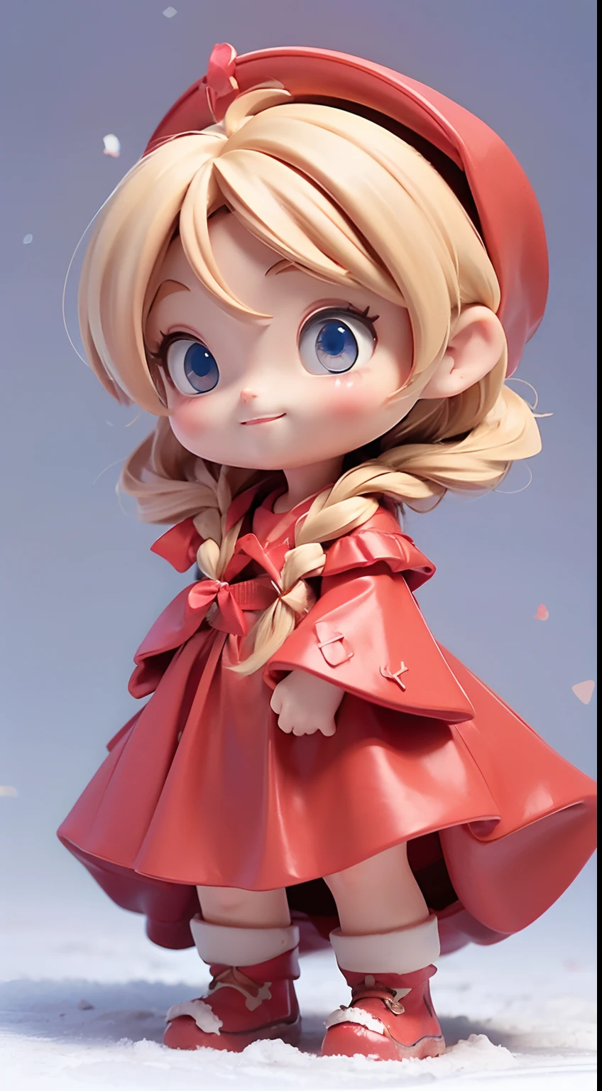 (Best Quality,4K,High resolution), Little pretty girl、red riding hood、((Wearing a red hood、Wearing a fairytale red dress、Blonde and short braided hair、))、Full body projection、ssmile、Chibi、Beautiful blue eyes、Comical depiction、kawaii illustration、busy、Colorful fairytale forest