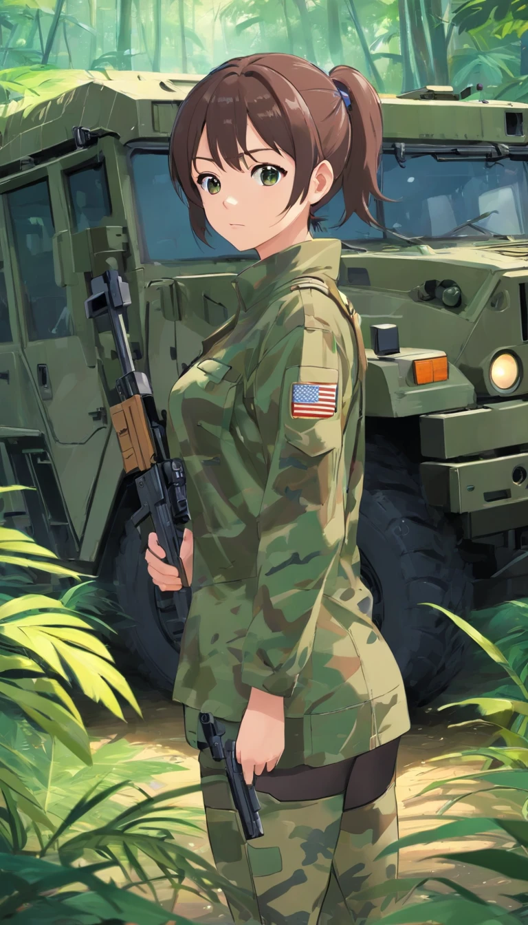 best qualtiy, tmasterpiece, 超高分辨率, realisticlying,1 female,White high ponytail,Carry an AWP sniper rifle,Camouflage tights,There is a camouflage pattern on the face,Next to Camouflage Humvee,the rainforest,wide angles