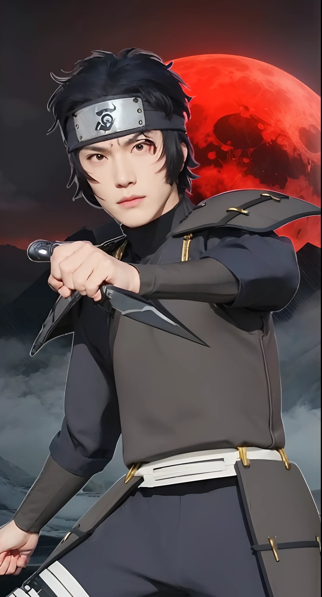 Real life adaption of this character, handsome face, villain expression, looking to viewer,realistic same hair , realistic ninja headband,realistic same outfit wear gray iron armor like samurai outfit, realistic red moon background, hyper realistic, realistic light, realistic shadow, realism,(photorealistic:1.2)