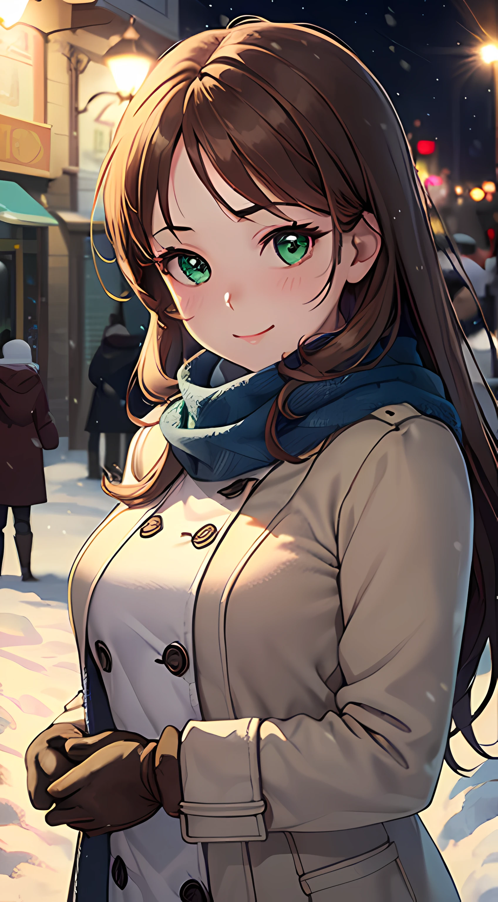 ((masterpiece, best quality, highres, UHD, perfect pixel, depth of field, 4k, RTX, HDR, extremely detailed)), 1girl, single, solo, 24 years old, beautiful anime girl, beautiful art style, anime character, smile, beautiful smile, ((long hair, parted bangs, brown hair)), (green eyes:1.4, rounded eyes, beautiful eyelashes, realistic eyes, deep pupil), (detailed face, blushing:1.2), (smooth texture:0.75, realistic texture:0.65, photorealistic:1.2, cinematic, anime CG style), medium breasts, perfect body, busty, (dynamic angle, POV, close up), ((winter clothes, long coats, mittens, gloves, scarf)), night, city lights, bokeh:1.4, (outdoor, city buildings, crowd), ((winter, snowfall:1.8, the wind blows)), (graceful, prestigious, glorious, elegant)