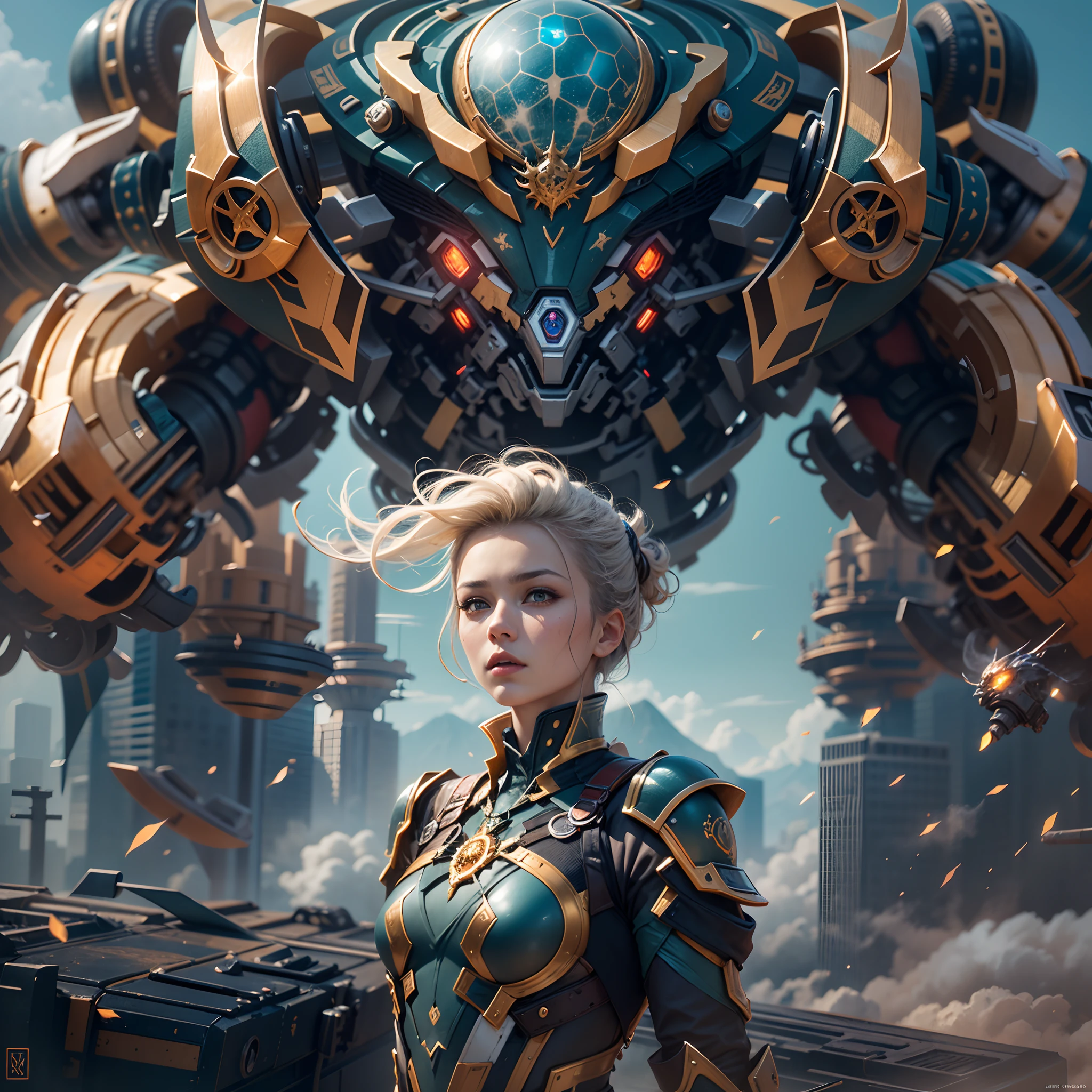 in a panoramic view，photorealestic，Up，Half-human, Cyborg fighting girl，The body is made up of high-tech machinery，Beautiful face，High-tech gold helmet，High-tech blue goggles，Gold machinery，Golden mech，Set with blue gemstones，Set with red gemstones，Set with purple diamonds，Chinese-style décor，Gorgeous，Purple flames shot out from the back of the mech，flying through the air，Armed with a six-barreled Gatling cannon，Perfectcomposition，the detail，The light and shadow work best，HighestQuali，This CG-rendered realistic painting gives a grand scene and visual impact，Let the viewer feel a wonderful and magnificent sci-fi world。Epic，detail-rich，It forms a spectacular sight，Use Pixai to bring powerful AI models to life, Show the limitless creativity and possibilities of our imagination. Experience the future of the cityscape at Pixai，Immerse yourself in a visionary world of art，the detail, Masterpiece, Best quality, 8K, (Oily skin, cell-shaded:1.3), line art in colour, (The art of Maciej Cuciara:1.15), art of greg rutkowski，Intricate details, finetextures, Surreal，Perfectcomposition，A detailed，Cinematic texture，realisticlying，photorealestic，HighestQuali，，Version tone mapping， highly  detailed， Smoothness， Sharp focus， Beautiful illustration， Epic effect，photore， The light from the back window is backlighted， 动态照明， Mist， 复杂， filmgrain， professinal，，Volumetriclighting， subsurfacescattering， Good highlights， Good shadows， cinematic ligh，Beautiful studio soft light，rim-light，ellegance，beatiful background，rendering by octane，HR Giger style，8K，top Quority，tmasterpiece，illustratio，smooth and beautiful，highly  detailed，CG wallpaper，（realisticlying，Fidelity：1.37），outstanding，Exquisite details，tmasterpiece