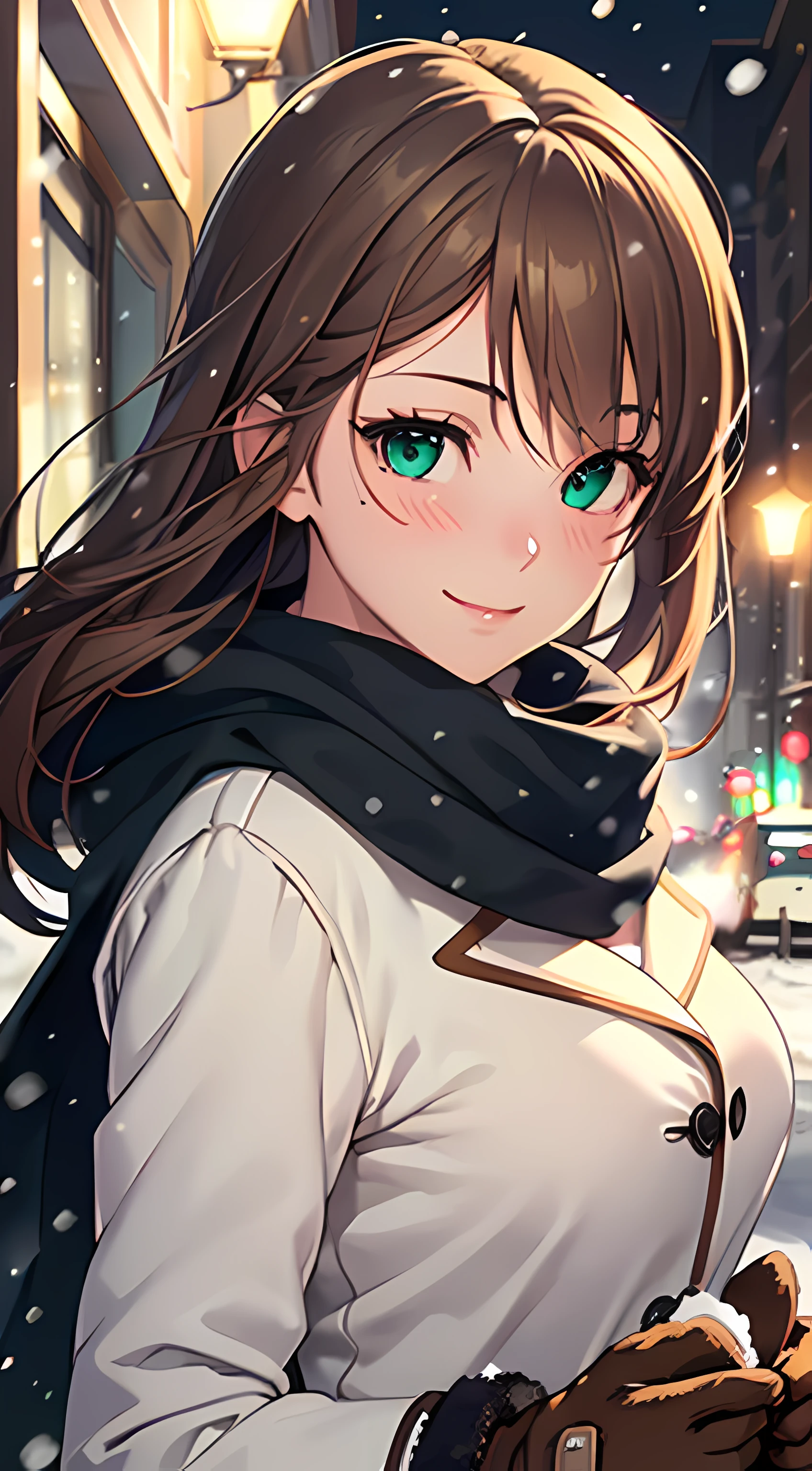 ((masterpiece, best quality, highres, UHD, perfect pixel, depth of field, 4k, RTX, HDR, extremely detailed)), 1girl, single, solo, 24 years old, beautiful anime girl, beautiful art style, anime character, smile, beautiful smile, ((long hair, parted bangs, brown hair)), (green eyes:1.4, rounded eyes, beautiful eyelashes, realistic eyes, deep pupil), (detailed face, blushing:1.2), (smooth texture:0.75, realistic texture:0.65, photorealistic:1.2, cinematic, anime CG style), medium breasts, perfect body, busty, (dynamic angle, POV, close up), ((winter clothes, long coats, mittens, gloves, scarf)), night, city lights, bokeh:1.4, (outdoor, city buildings, crowd), ((winter, snowfall:1.8, the wind blows)), (graceful, prestigious, glorious, elegant)