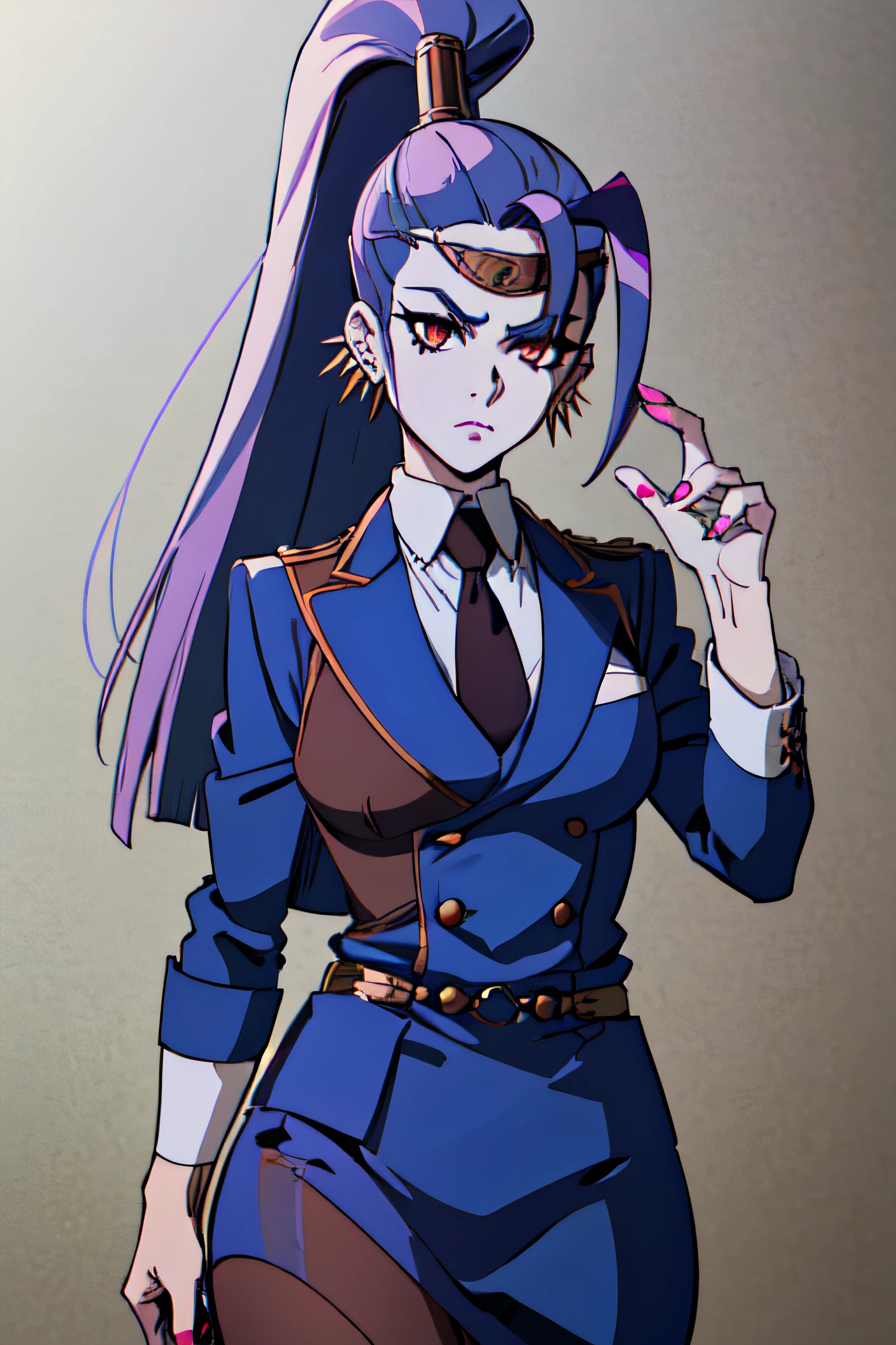 megaera, 1girl, solo, ponytail, colored skin, skirt suit, (((three-piece suit))), (((necktie))), blazer, (((suit jacket))), (((waistcoat))), double-breasted waistcoat, bodycon miniskirt, pencil skirt,, piercing, ear piercing, blue skin, single wing, facing viewer, looking at viewer, scowl
