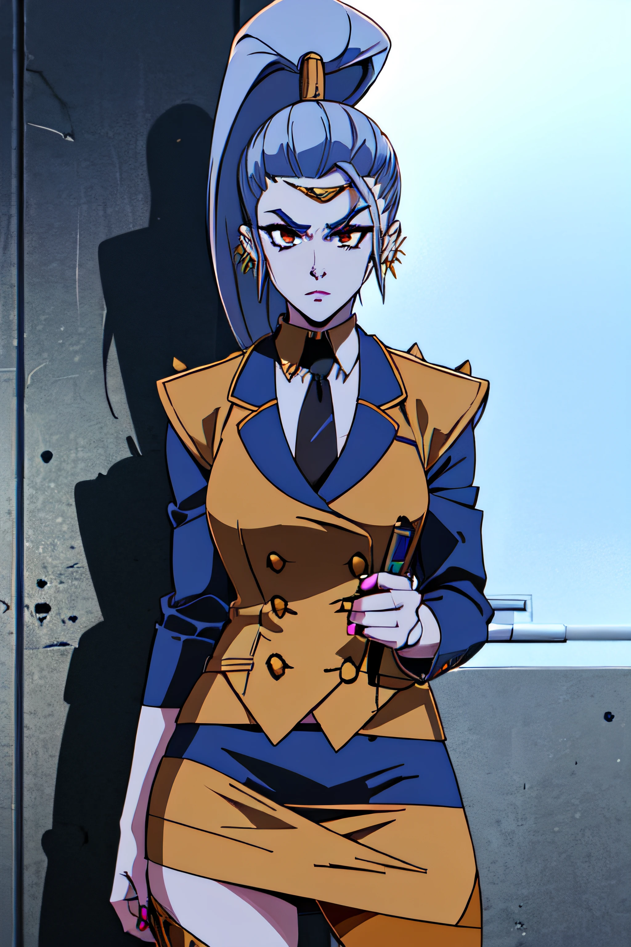 megaera, 1girl, solo, ponytail, colored skin, skirt suit, (((three-piece suit))), (((necktie))), blazer, (((suit jacket))), (((waistcoat))), double-breasted waistcoat, (((bodycon miniskirt))), pencil skirt,, piercing, ear piercing, blue skin, single wing, facing viewer, looking at viewer, scowl