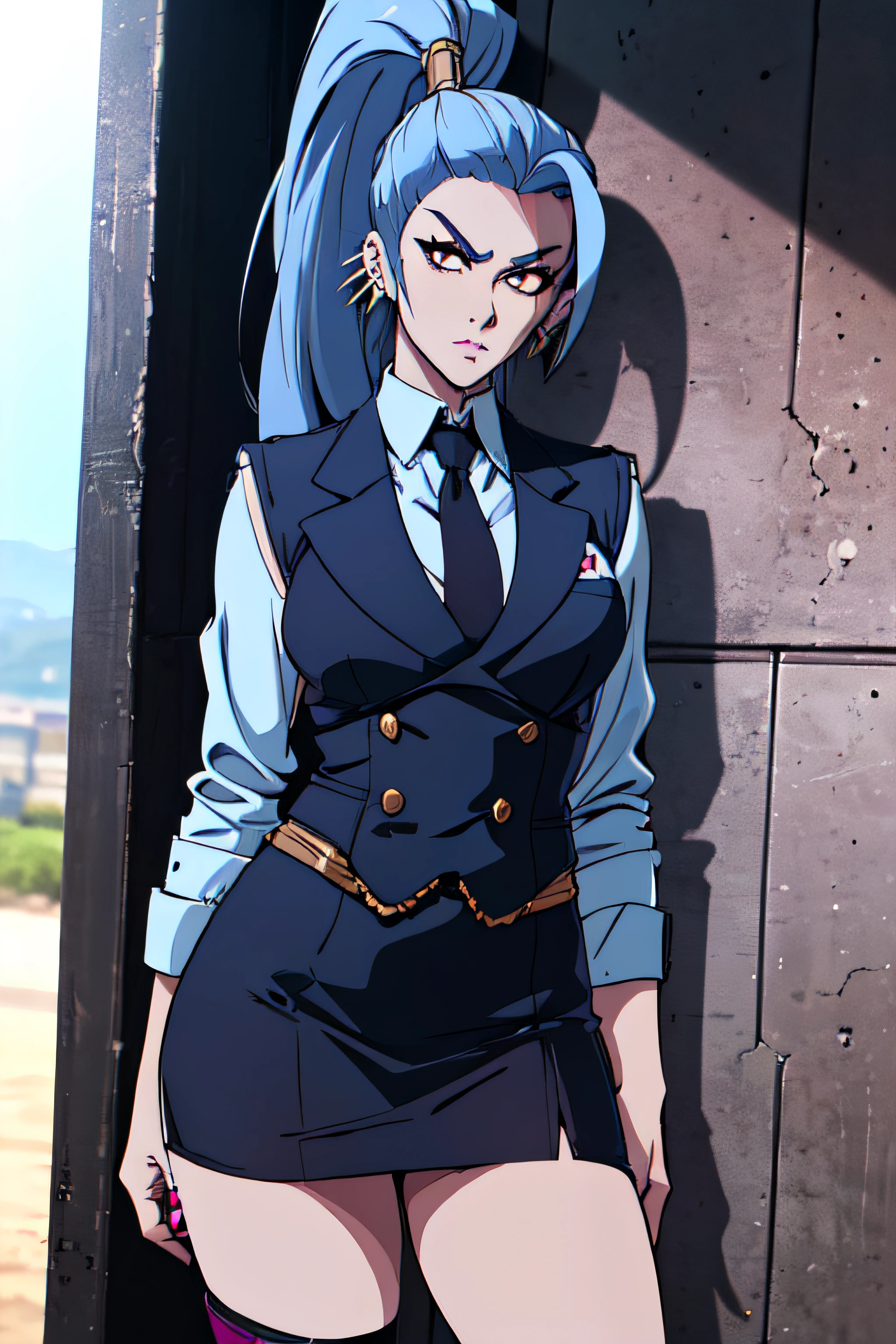 megaera, 1girl, solo, ponytail, colored skin, skirt suit, (((three-piece suit))), (((necktie))), blazer, (((suit jacket))), (((waistcoat))), double-breasted waistcoat, (((bodycon miniskirt))), pencil skirt,, piercing, ear piercing, blue skin, single wing, facing viewer, looking at viewer, scowl