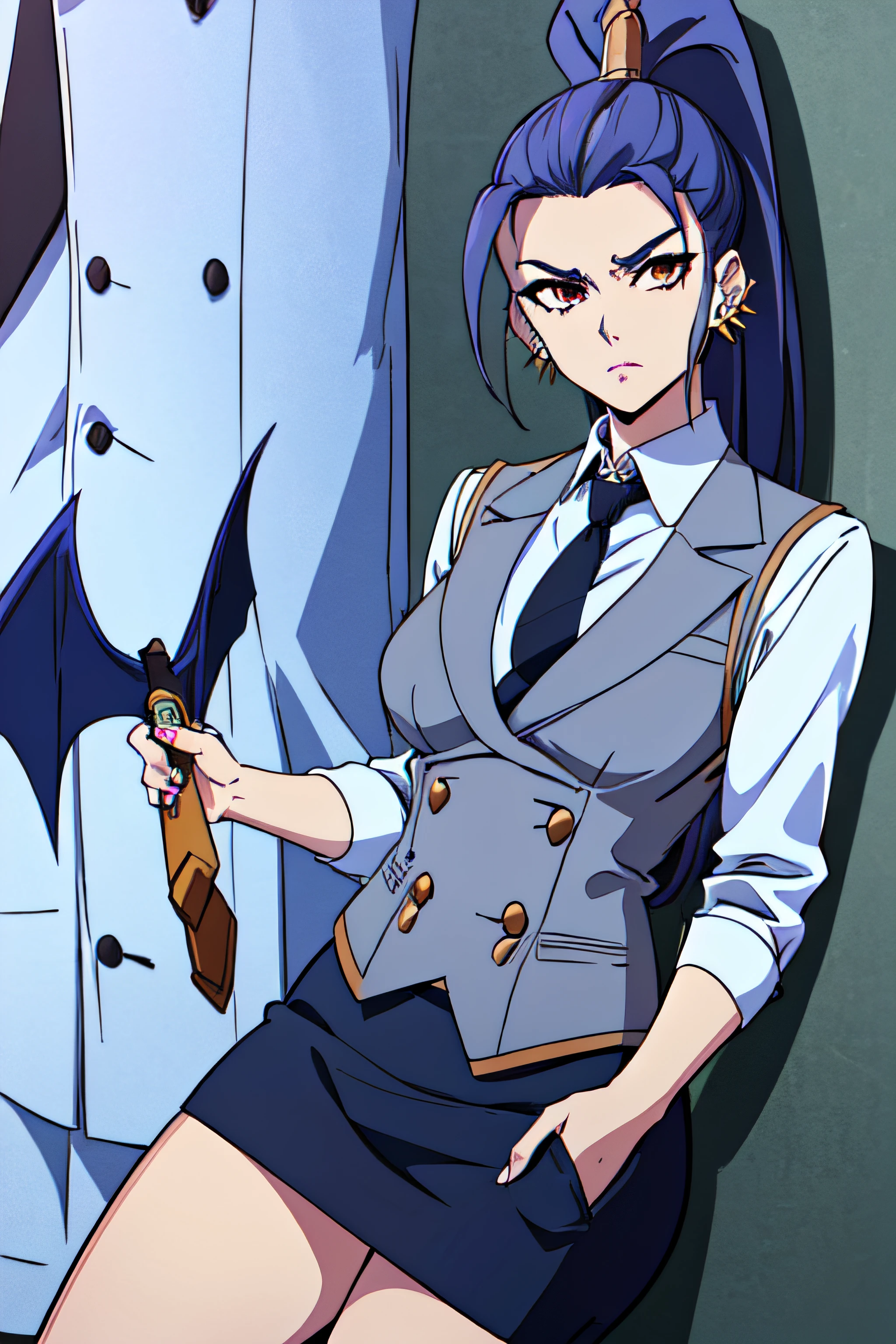 megaera, 1girl, solo, ponytail, colored skin,  skirt suit, (((three-piece suit))), (((necktie))), blazer, (((suit jacket))), (((waistcoat))), double-breasted waistcoat, (((bodycon miniskirt))), pencil skirt,, piercing, ear piercing, blue skin, single wing, facing viewer, looking at viewer, scowl