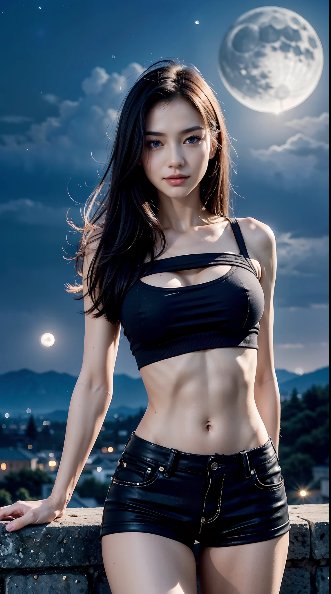 8K, Top quality, Intricate details, Ultra detail, 超高分辨率, Masterpiece, Random angles, Slender, Smile, (Makeup: 0.4), (Fluffy blue eyes: 1.21), Blue eyes, view the viewer, ((full bodyesbian)), 1girll, Solo, 1 girl, (( full bodyesbian)), Close-up Shot Shot, , ((Tall)), (((fit body))), (((Slim face))), sharpy face, Sharp eyes, (((Black hair, Long hair, )) , (Detailed face), sharpy face, Small lips,
(( Crop top, low waist shorts)), ((underboobs, nipslip, nipslip)), Detailed face, detailed breast, , Large of breast, Detail butt, , Beautiful girl with accentuated slender abs: 1.4, sixpack abs: 1.4, Bust Botox, , Perfect body, Detail legs, (( Moonlight)), hilltop