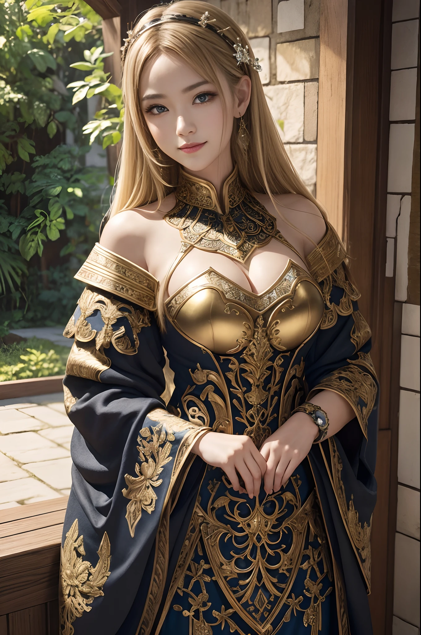 (dark shot:1.1)The whole body of a mature holy knight,Big sexy holy knight chest armor(absurderes、hight resolution、The ultra-detailliert)、One woman's whole body、Red and white female Holy Knight armor,Mature holy knight with big breasts、Extravagant black and gold trousers、Blonde short bob、Skinny and big、blue eyess、long-sleeve、finely eye and detailed face、intricate detailes、BREAK mosaic art、small pieces、colorful tesserae、Complex pattern、Tiled design、durable surfaces、Old fashioned technique BREAK macro photography、extreme close - up、intricate detailes、Enlarged texture、stunning clarity、Hidden beauty、Interruption of immersive perspective、artisanal creations、Handmade Products、unique designs、intricate detailes、Creative expression、skilled craftsmanship、魅惑的、enticing、English Garden、A smile、