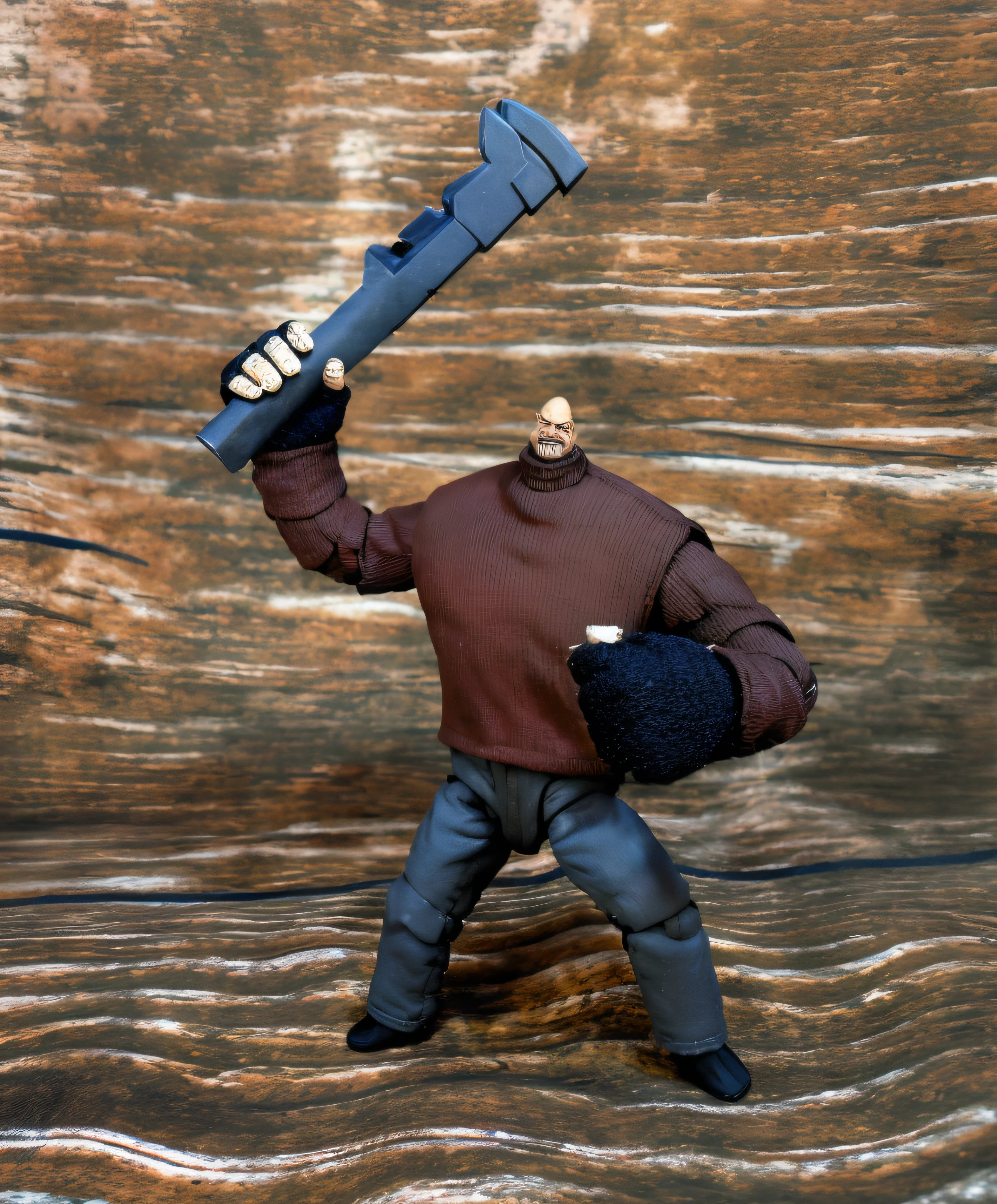 pinman, 3d \(artwork\), action figure, middle aged, full body view, from front position, standing tough, ready to attack, looking at viewer, evil grin, wielding giant adjustable wrench, brown turtleneck ribbed sweater, blue fingerless gloves, jeans, blue footwear