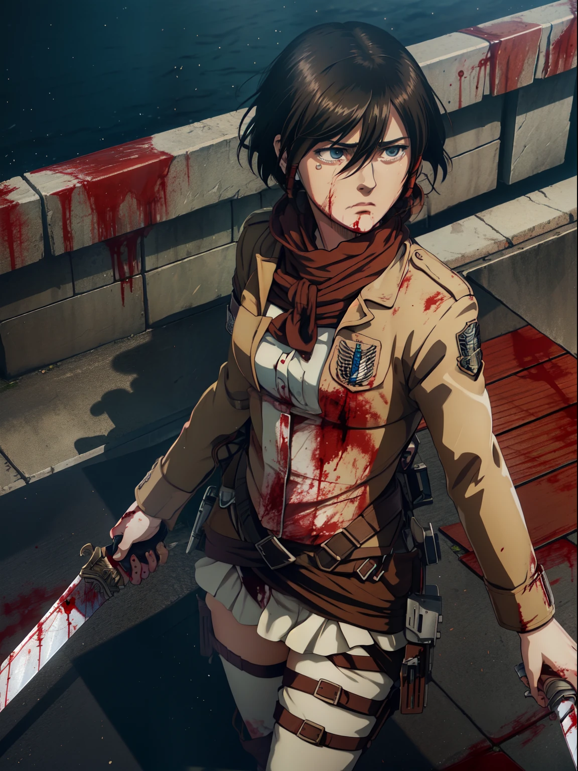 Masterpiece, A high resolution, Photorealistic, Best quality, 8K, Best quality, Ultra-detailed, Cinematic lighting, 1girll, mikasa ackerman, shingeki no kyojin, 1girll, belt, Black hair, Cropped jacket, emblem, hair between eye, Jacket, Paradise military uniform, Red scarf, Scarf, Short hair, shout, Angry, Crying, Watery eyes, (Blood:1.4), the scars, view the viewer, Ott style, Swords, Huge walls, Rooftop, Portrait,