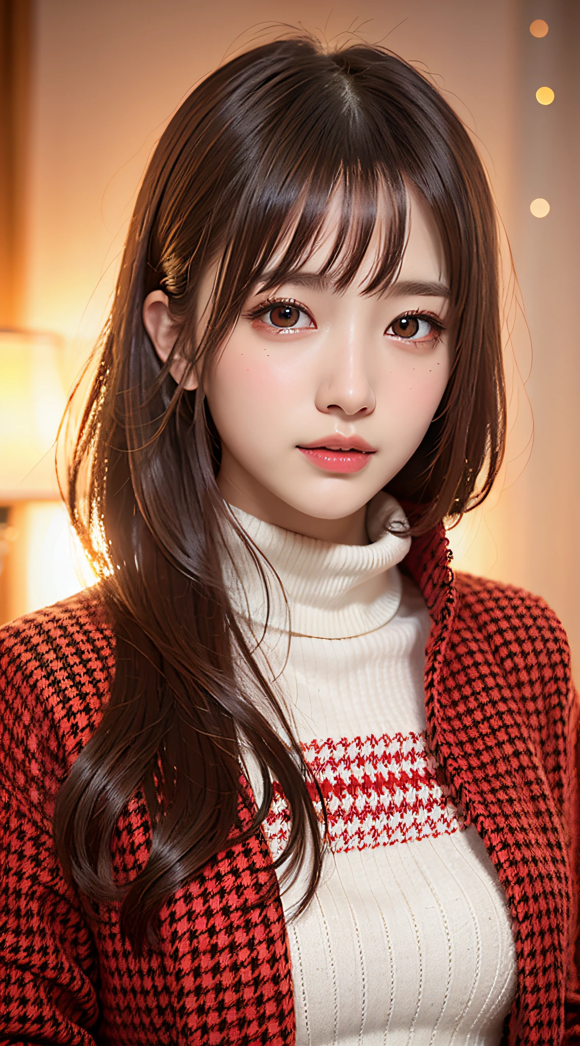 1 beautiful young girl, Super beautiful detailed face, smile shyly, symmetrical black eyes, small breasts), (red houndstooth coat:1.4), (off-white turtleneck sweater dress:1.3), hime cut hair, (Fine face:1.2), High quality, Realistic, extremely detailed CG unified 8k wallpaper, highly detailed, High-definition raw color photos, professional photography, Realistic portrait, Cinematic Light, Beautiful detailed, Super Detail, high details, (((Bokeh))), depth of fields, illumination, Super stylish lighting, Floating, (High saturation), (colorful splashs), colorful bubble, (Shining), focus onface,