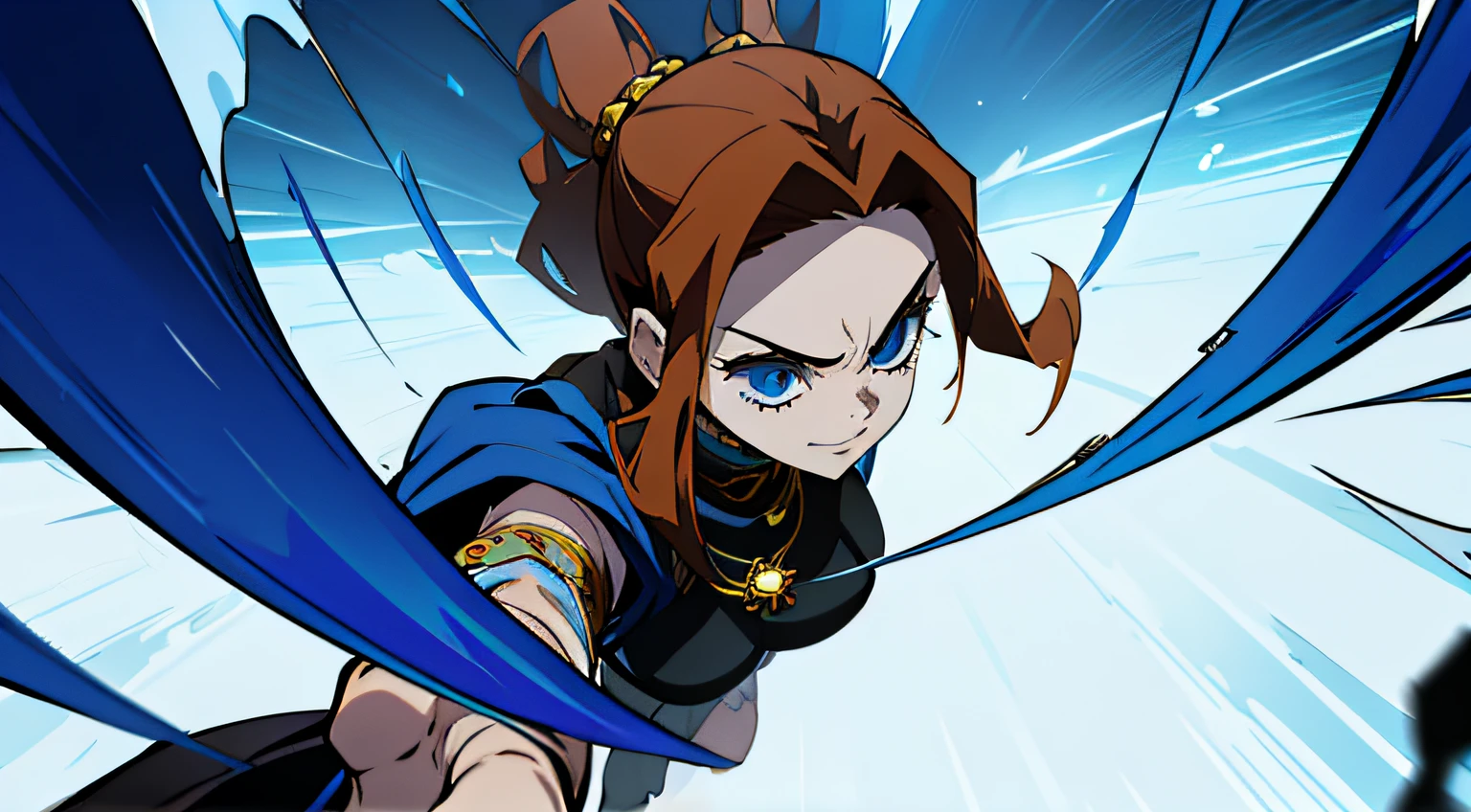 "Create an image that vividly captures the intense battle of the stunning and strong-willed 26-year-old heroine, Victoria Villarruel, with chestnut hair, blue eyes, and a gold necklace. She's dressed in her blue chomba, radiating charm and determination. Victoria confronts Patricia Bulrich, the malicious woman who revels in chaos and alcohol, in a fierce duel of personalities and powers. The backdrop is a desolate, ruined city, emphasizing the clash of good and evil. Showcase Victoria's qualities and strengths as she engages in this intense battle."
