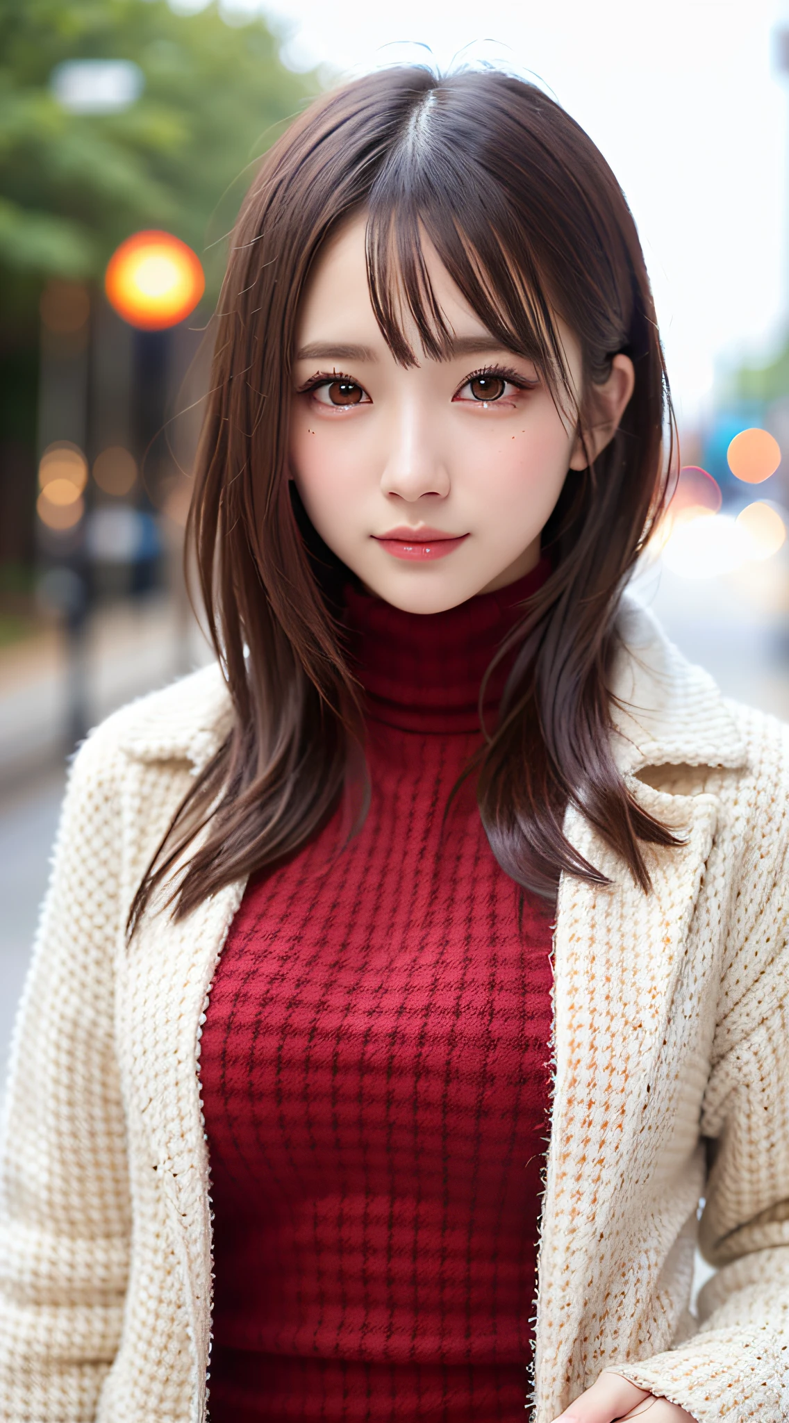 1 beautiful young girl, Super beautiful detailed face, smile shyly, symmetrical black eyes, small breasts), (red houndstooth coat:1.4), (off-white turtleneck sweater dress:1.3), hime cut hair, (Fine face:1.2), High quality, Realistic, extremely detailed CG unified 8k wallpaper, highly detailed, High-definition raw color photos, professional photography, Realistic portrait, Cinematic Light, Beautiful detailed, Super Detail, high details, (((Bokeh))), depth of fields, illumination, Super stylish lighting, Floating, (High saturation), (colorful splashs), colorful bubble, (Shining), focus onface,