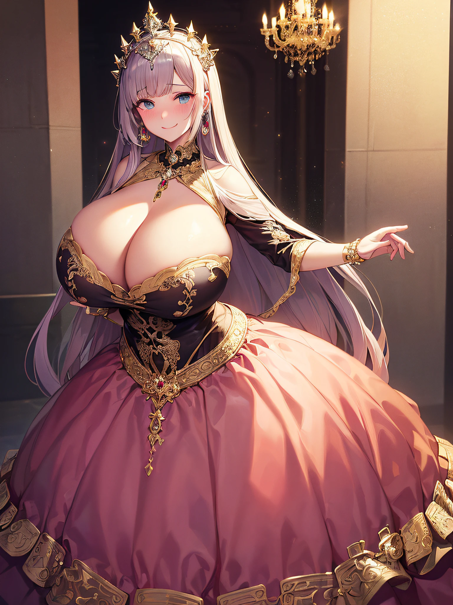 ((Anime Art Style)),(masutepiece),(Best Quality), (Super Detail),(Highly detailed CG Unity 8k wallpaper),((Very delicate and beautiful)),((Full body portrait)),((Stand in the garden)),((Solo)),(((One princess in gorgeous embroidery and jeweled very gorgeous Rococo princess ball gown with voluminous full-length hoop skirt ))),(((Crinoline Hoop Skirt))),Long Train,((Gorgeous embroidery and jewelry)),voluminous ruffles,(((very very gigantic boobs,Skindentation))),cleavage,((Very long straight hair,Very voluminous straight long hair,Very long straight hair)),(finely detailed face and eyes),((Seductive smile,embarrassed)),Beautiful eyes like jewels,Very gorgeous hair ornament,(A very gorgeous tiara adorned with bling-bling jewels),((Glitter Gorgeous Gemstone Jewelry)),Gorgeous Long Veil,(opera gloves),(Beautiful background),(Full body),((gorgeous embroidery and jeweled gorgeous Rococo princess ball gown with voluminous full-length hoop skirt))