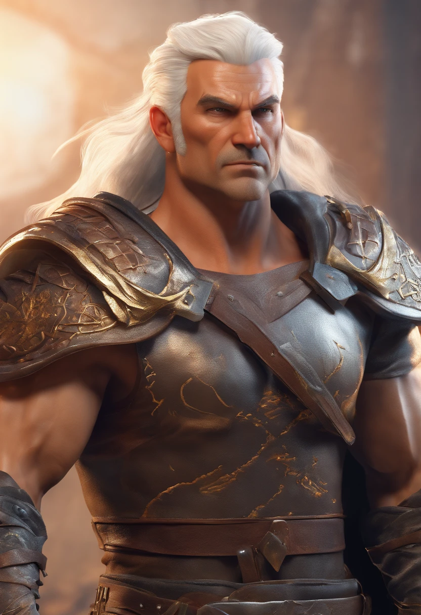 A strong, muscular, brave man dressed as a leather warrior with white hair. The figure is handsome and wise