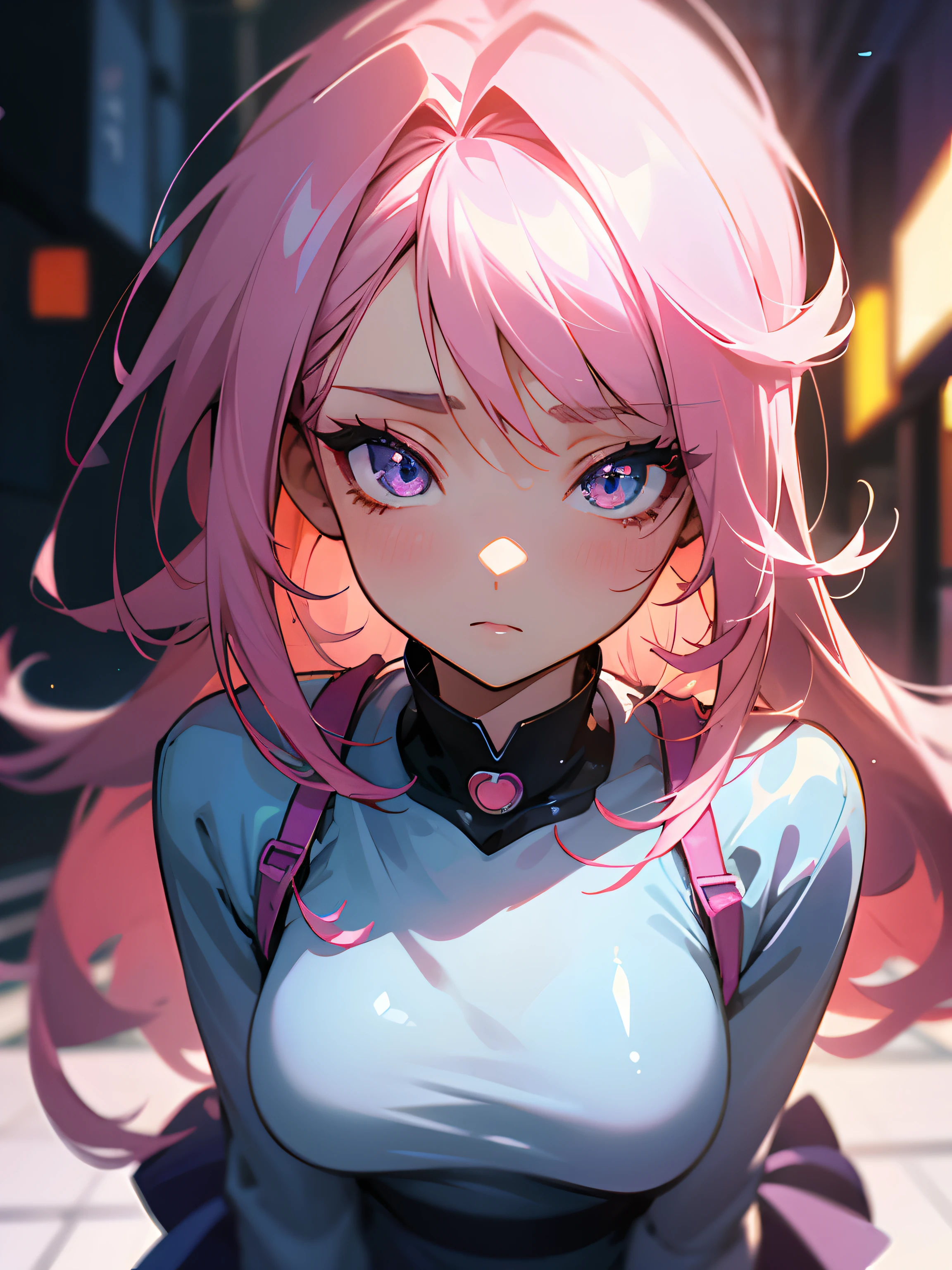 digital illustration, an anime girl, pretty face, pretty hair, shining eyes, looks cute and sensual, but not too sexy, confident, Y2K makeup, Y2K outfit, wearing cute accessories, outfit is very glittery, half-body shot, Seoul street background, depth of field, soft and cozy atmospheres, city atmospheres