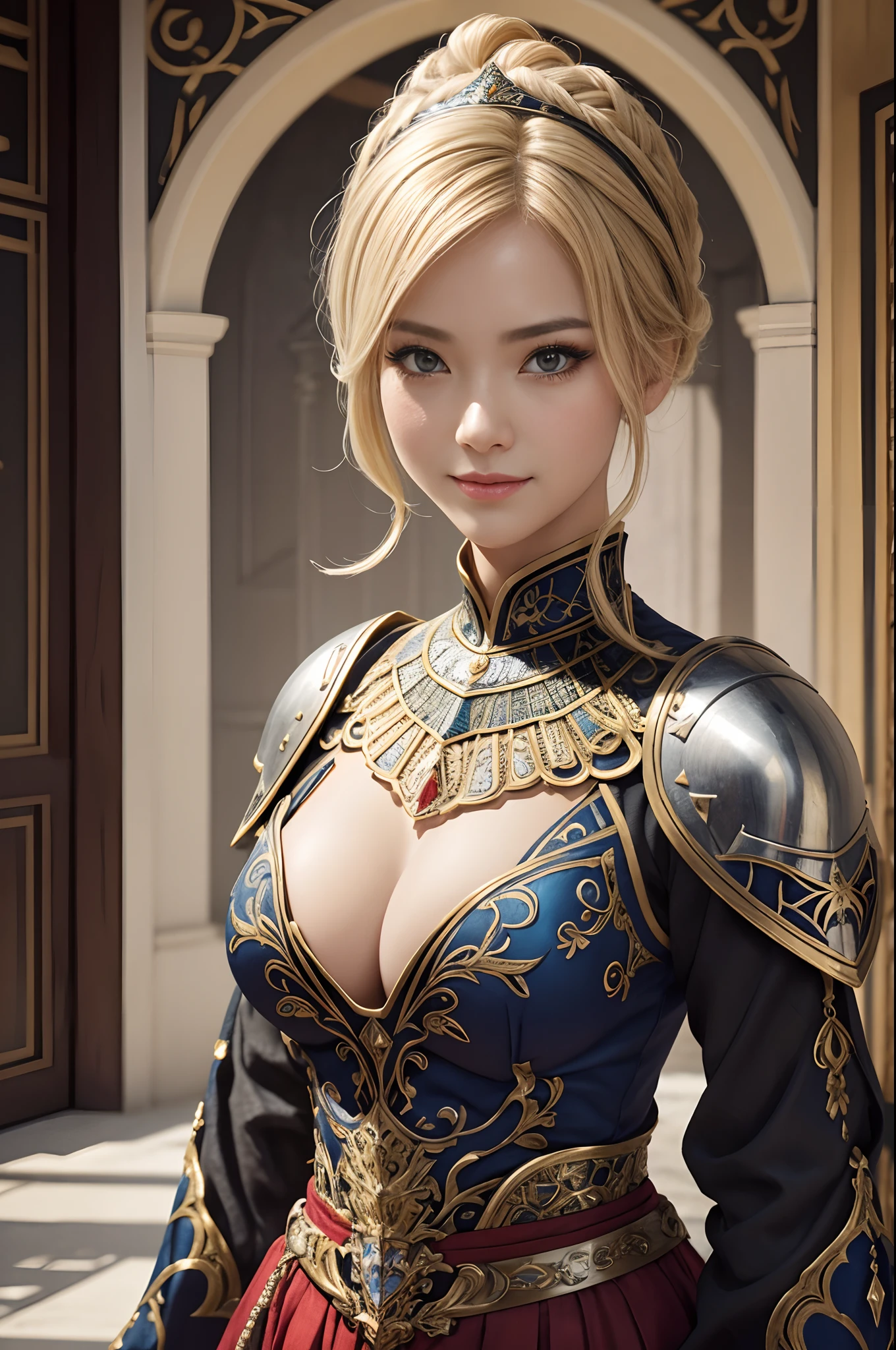 (dark shot:1.1)The whole body of a mature holy knight,Big sexy holy knight chest armor(absurderes、hight resolution、The ultra-detailliert)、One woman's whole body、Red and white female Holy Knight armor,Mature holy knight with big breasts、Extravagant black and gold trousers、Blonde short bob、Skinny and big、blue eyess、long-sleeve、finely eye and detailed face、intricate detailes、BREAK mosaic art、small pieces、colorful tesserae、Complex pattern、Tiled design、durable surfaces、Old fashioned technique BREAK macro photography、extreme close - up、intricate detailes、Enlarged texture、stunning clarity、Hidden beauty、Interruption of immersive perspective、artisanal creations、Handmade Products、unique designs、intricate detailes、Creative expression、skilled craftsmanship、魅惑的、enticing、English Garden、A smile、