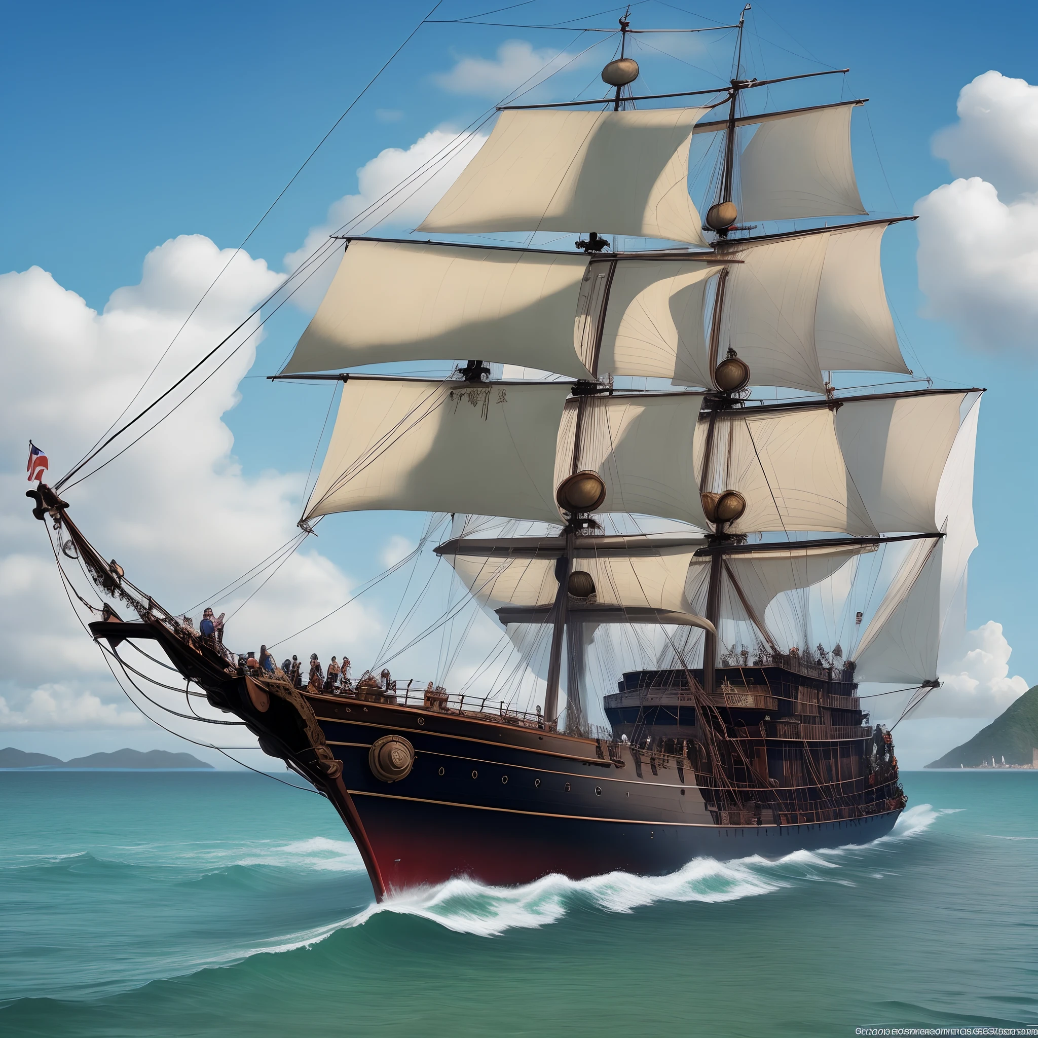 Barco pirata chegando em uma ilha e piratas caveiras esperando a beira mar