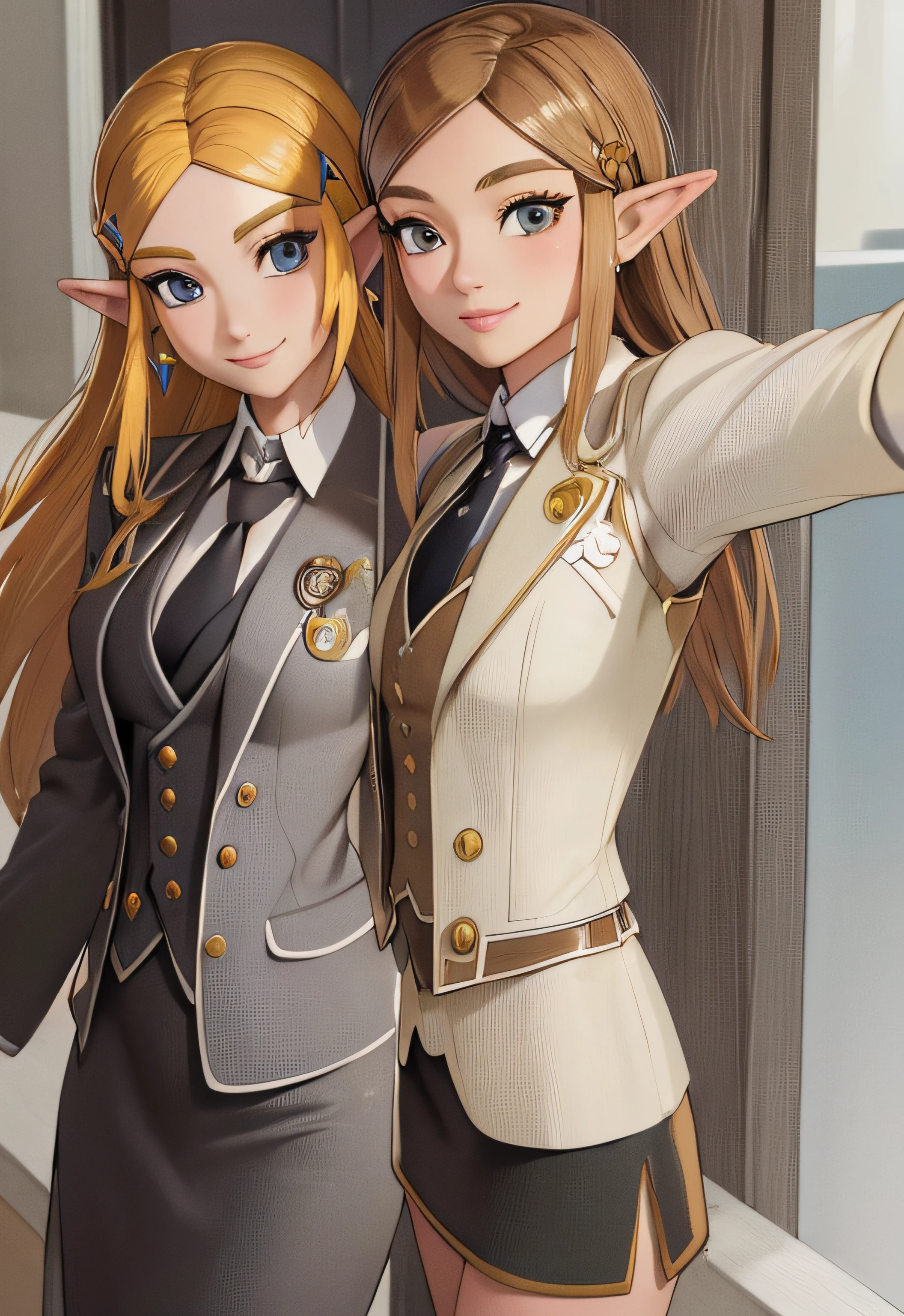 (selfie:1.3), photorealistic, Zelda, smile,, (masterpiece, best quality, detailed:1.3),  skirt suit, (((three-piece suit))), (((necktie))), blazer, (((suit jacket))), (((waistcoat))), double-breasted waistcoat, bodycon miniskirt, pencil skirt,