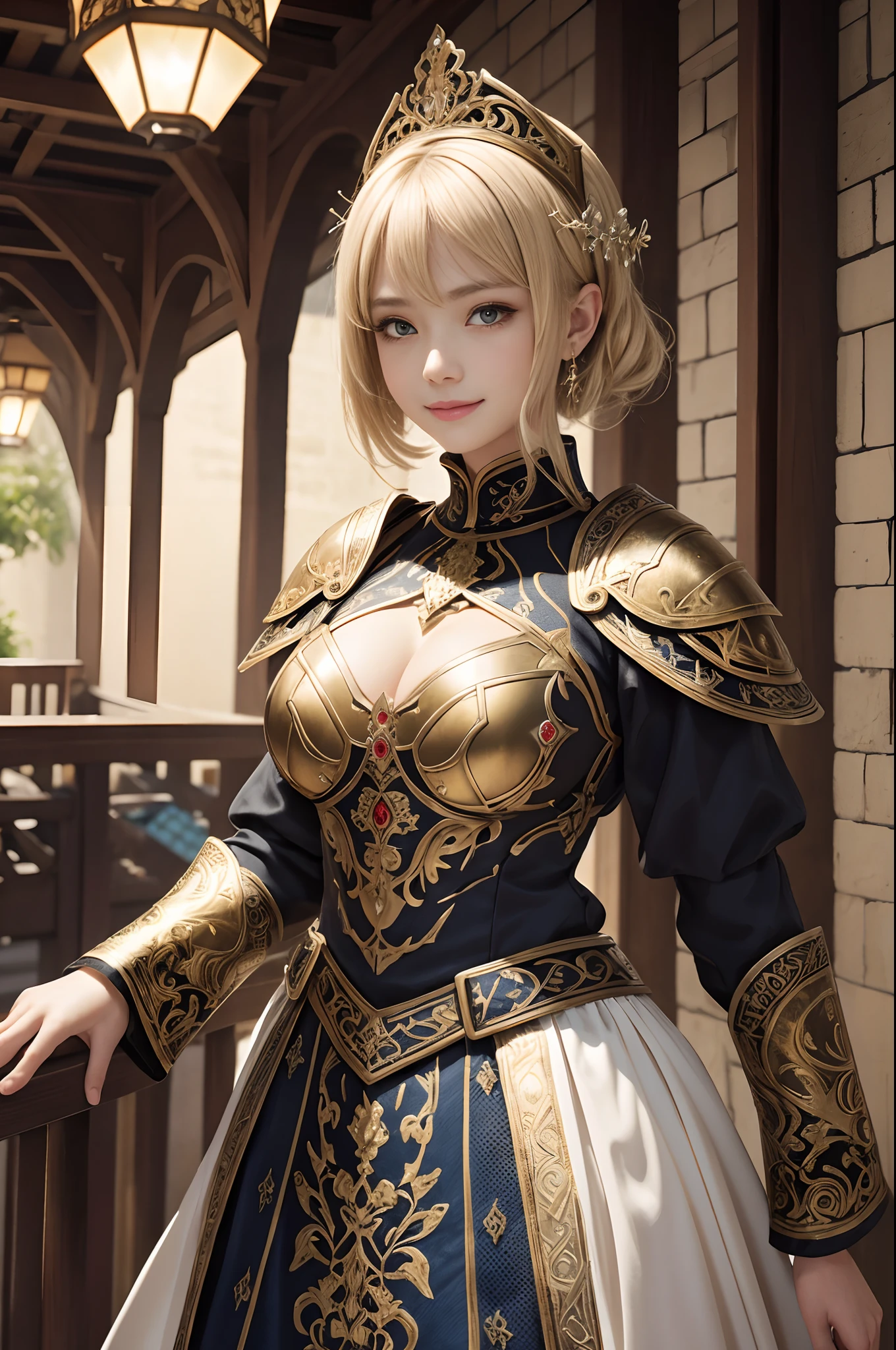 (dark shot:1.1)The whole body of a mature holy knight,Big sexy holy knight chest armor(absurderes、hight resolution、The ultra-detailliert)、One woman's whole body、Red and white female Holy Knight armor,Mature holy knight with big breasts、Extravagant black and gold trousers、Blonde short bob、Skinny and big、blue eyess、long-sleeve、finely eye and detailed face、intricate detailes、BREAK mosaic art、small pieces、colorful tesserae、Complex pattern、Tiled design、durable surfaces、Old fashioned technique BREAK macro photography、extreme close - up、intricate detailes、Enlarged texture、stunning clarity、Hidden beauty、Interruption of immersive perspective、artisanal creations、Handmade Products、unique designs、intricate detailes、Creative expression、skilled craftsmanship、魅惑的、enticing、English Garden、A smile、