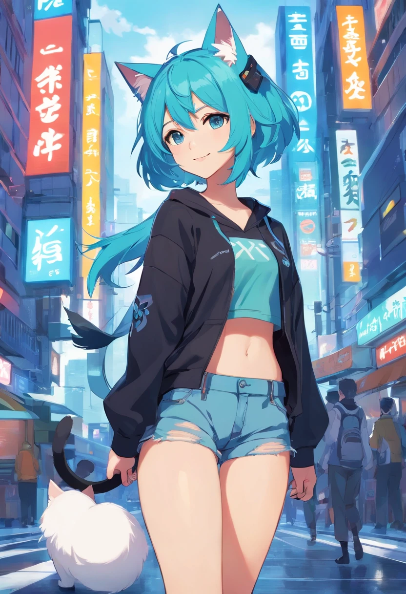 Genshin impact, Girl, Cyan Hair, Cat ears, cute, perfect smile, perfect hands, perfect eyes, cyan eyes, black pullover with white outlines and black shorts, Cyan fluffy cat tail, magical, powerful, magical, Futuristic city, cyberpunk, tall buildings, cars, streetlights