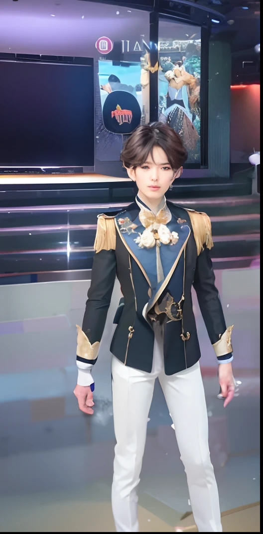 a close up of a person in a uniform on a stage, delicate androgynous prince, beautiful androgynous prince, royal elegant pose, gilded black uniform, wearing a black noble suit, wearing fantasy formal clothing, handsome prince, lunar themed attire, imperial royal elegant clothing, wearing a fancy jacket, ingame image, keqing from genshin impact