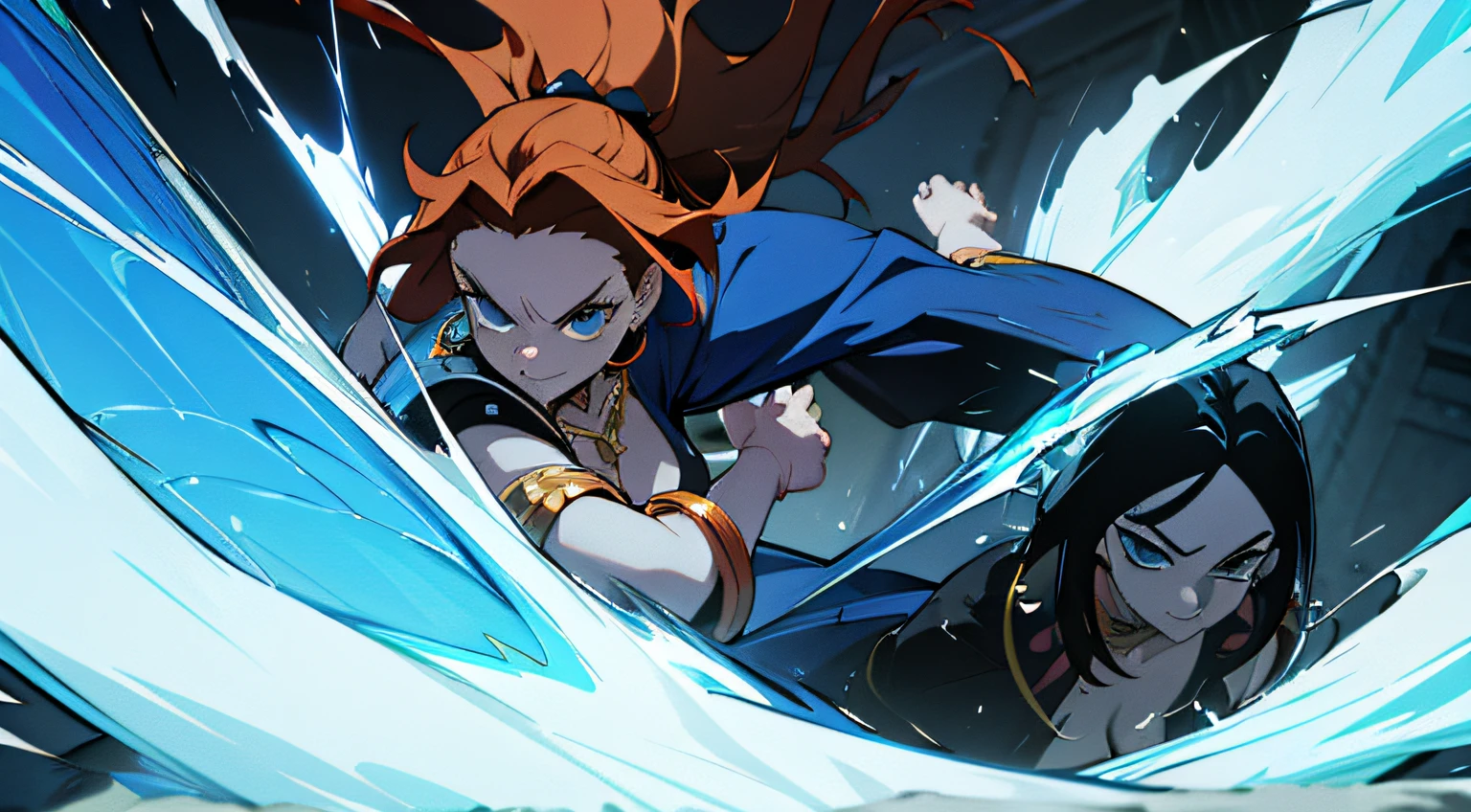 "Create an image that vividly captures the intense battle of the stunning and strong-willed 26-year-old heroine, Victoria Villarruel, with chestnut hair, blue eyes, and a gold necklace. She's dressed in her blue chomba, radiating charm and determination. Victoria confronts Patricia Bulrich, the malicious woman who revels in chaos and alcohol, in a fierce duel of personalities and powers. The backdrop is a desolate, ruined city, emphasizing the clash of good and evil. Showcase Victoria's qualities and strengths as she engages in this intense battle."