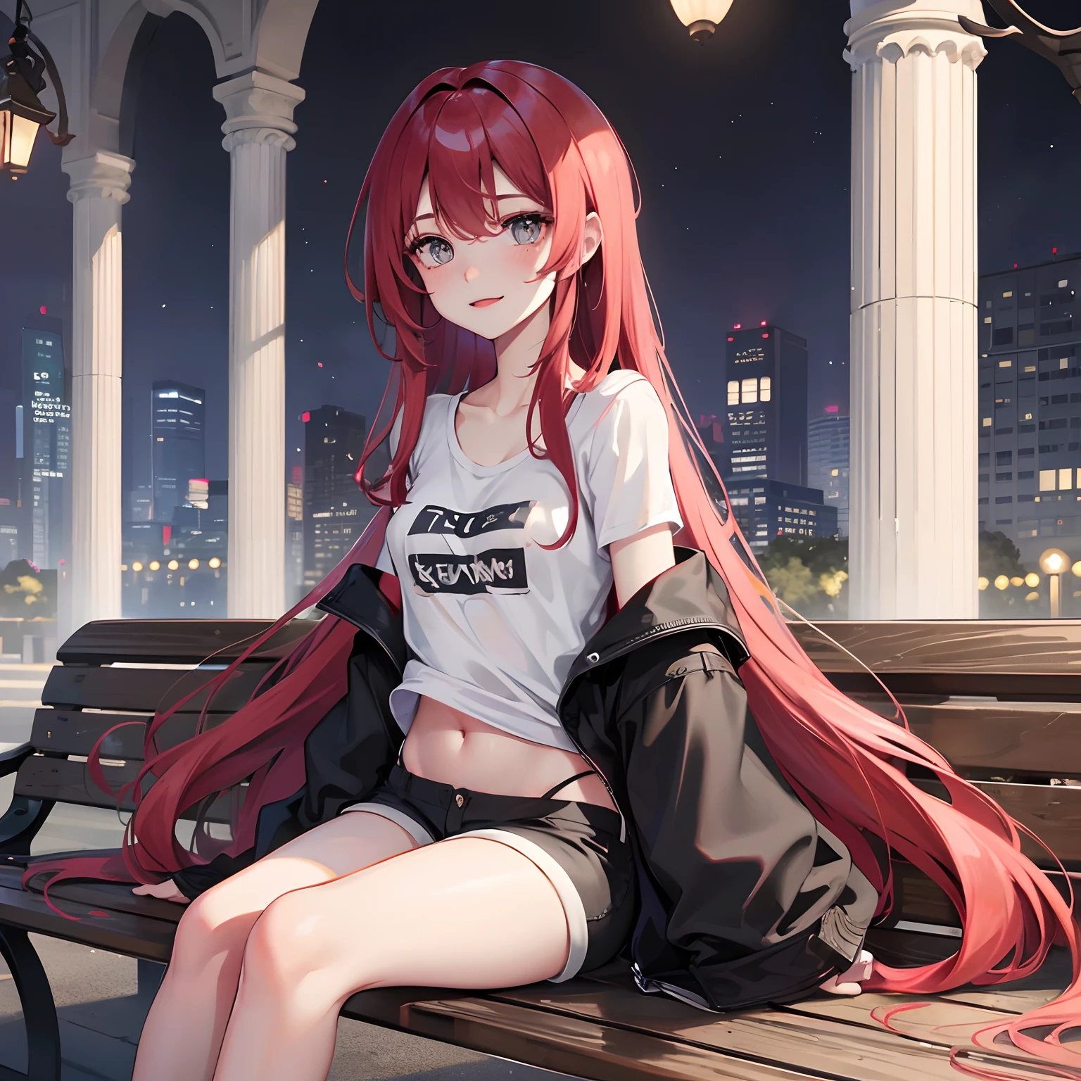 Red long hair, Grey eyes, blush, Smile, Tolerable, Masterpiece, Best Quality, high resolucion;,detail enhancement,best qualtiy,perfect image quality,Visible breasts, The chest is completely exposed, nipplestits, Beautiful and sexy, One-person viewpoint, Small moles under the eyes , prety, large full breasts, s whole body, perfect hand, In the dark of the evening, Sitting on a park bench with street lights on, White short-sleeved T-shirt, black shorts, Lift the upper garment, Lift the top, perfect body figure