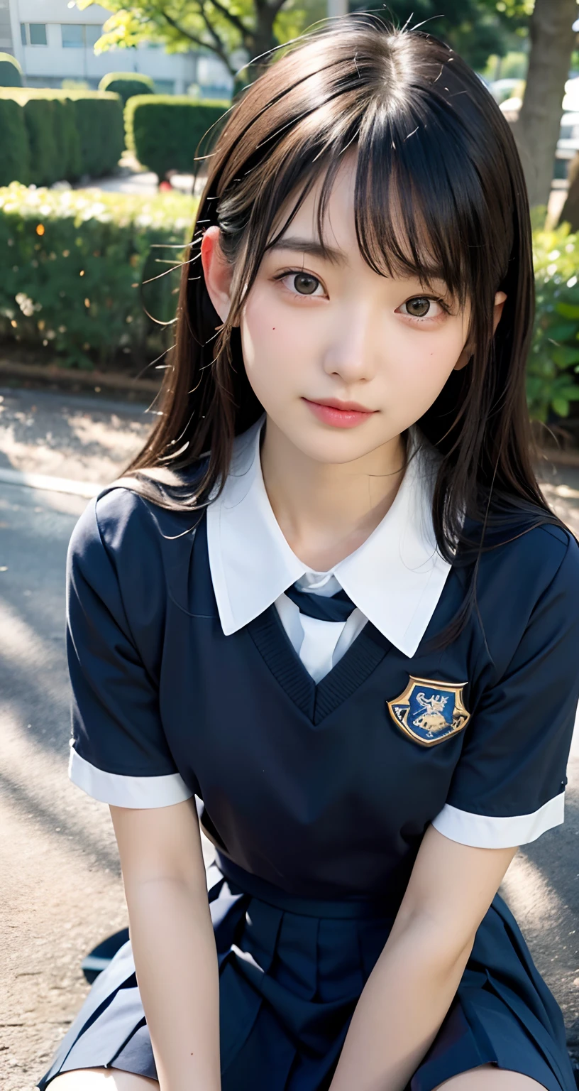 ((top-quality、​masterpiece))、Raw photography、8K、top-quality、 超A high resolution、Beautiful face in every detail、Realistic human skin、Gentle expression、front-facing view、Farbe々From an angle、realisitic、Photorealsitic、Beautie、length hair、a short skirt、Beautiful schoolgirl、Japan schoolgirl wearing uniform、Surreal High School Girl、(wrist watch)、neck tie、smil、a park、blue-sky、lawn、