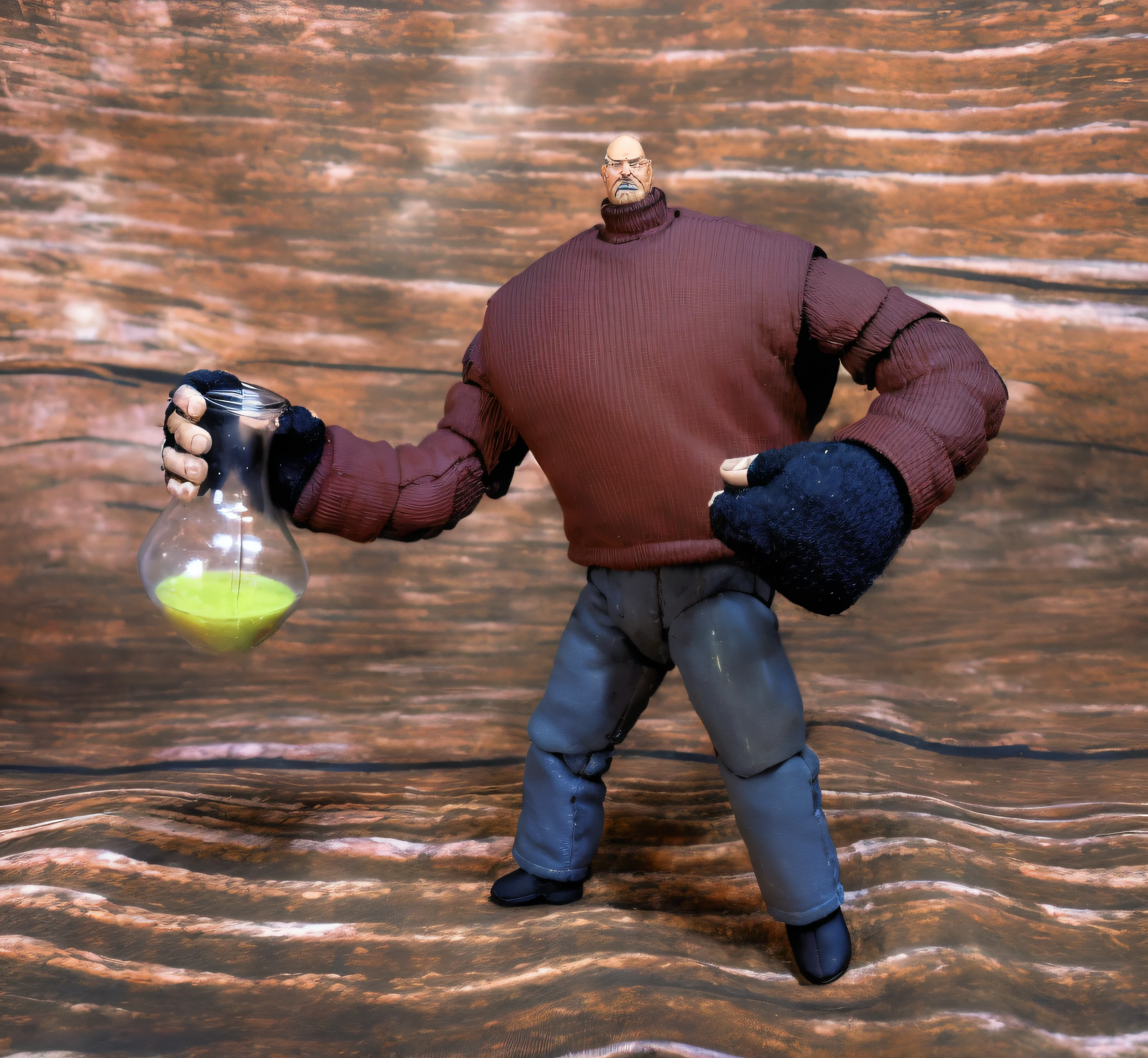 pinman, 3d \(artwork\), action figure, middle aged, full body view, from front position, arms out, holding a round bottom glass flask, looking at viewer, brown turtleneck ribbed sweater, blue fingerless gloves, jeans, blue footwear, illuminous green power potion