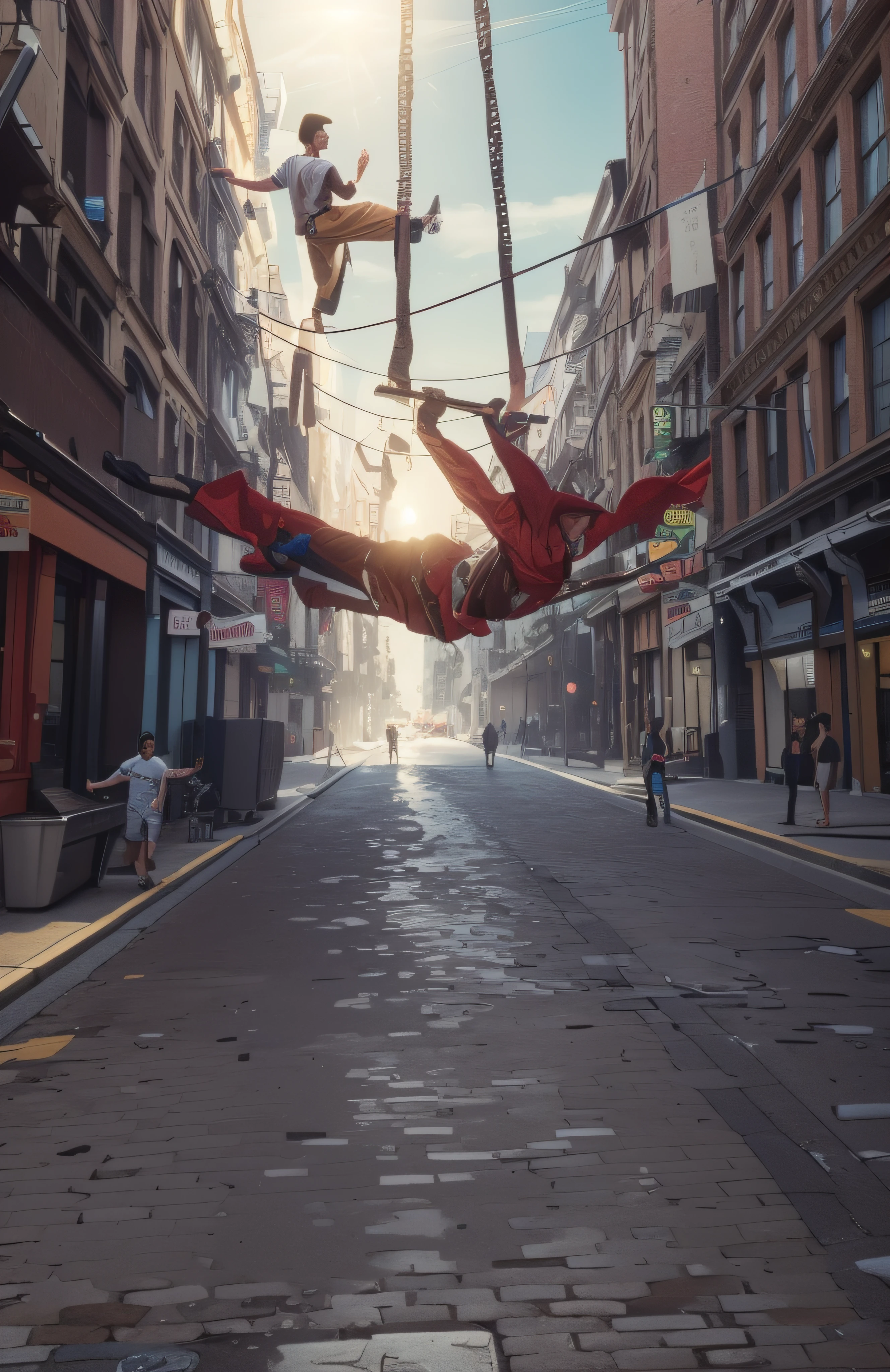 There are several men and women balancing on clotheslines that cross the city street, homens comuns fazendo malabarismos, imagem de fantasia, 8k, super detalhado, imagem de fantasia, 8k, super detalhado