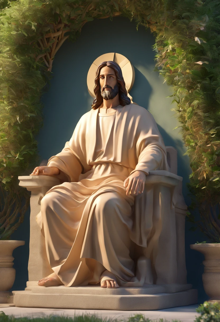 Criar Jesus estilo pixar disney, com um vazo de argila quebrado na mao esquerda e um vaso de argila novo na mao direita olhando para frente.