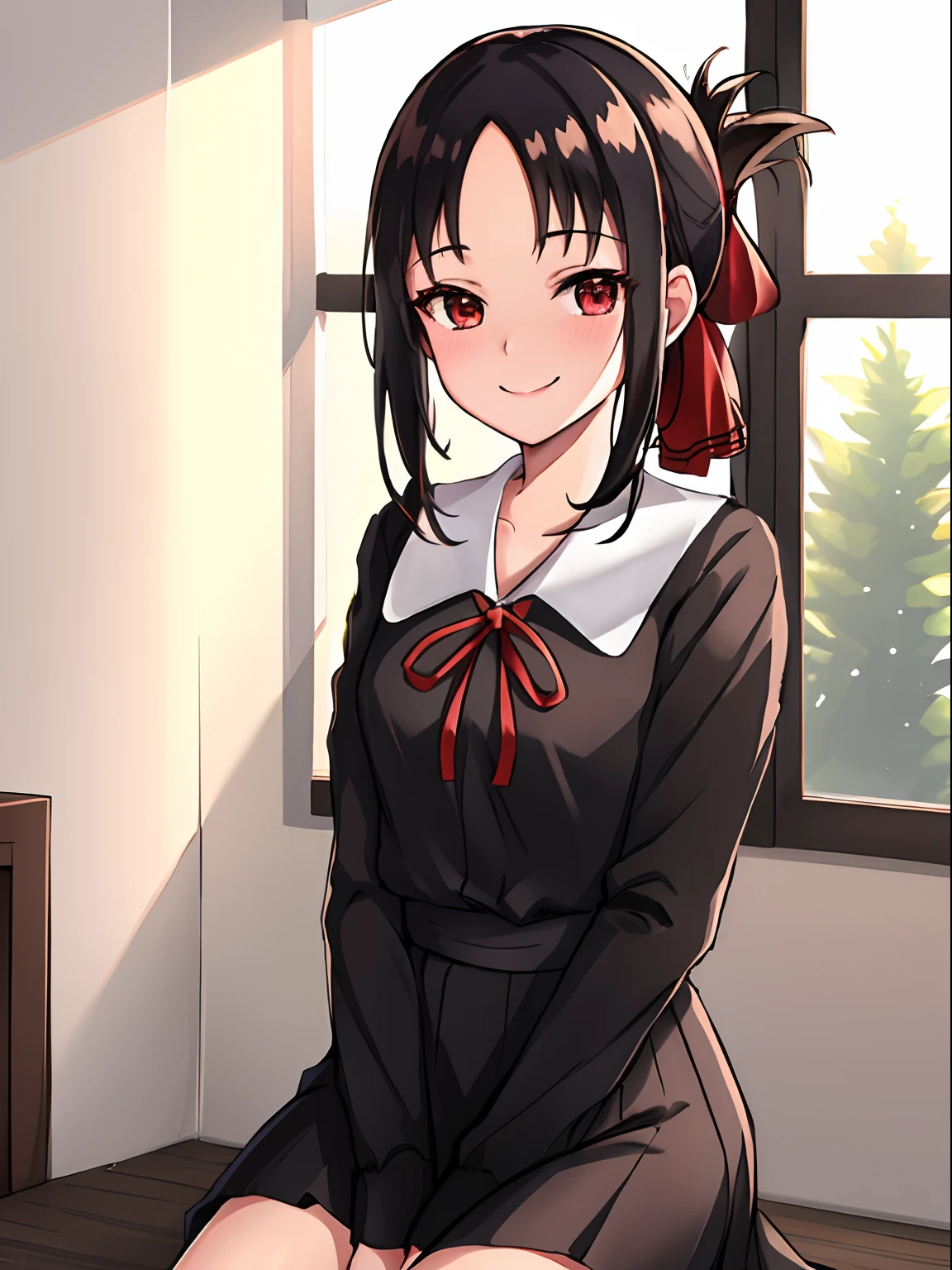 best quality,highly detailed,masterpiece,ultra-detailed,solo,1girl,white background,delicate eyes,shuuchiin_academy_uniform, shinomiya_kaguya, red_ribbon,black_hair,folded_ponytail, hair_ribbon,deep red eyess,bangs,black_dress,eyebrows_visible_through_hair, sidelocks,bare forehead,sitting,smile,embarrassed,cowboy shot