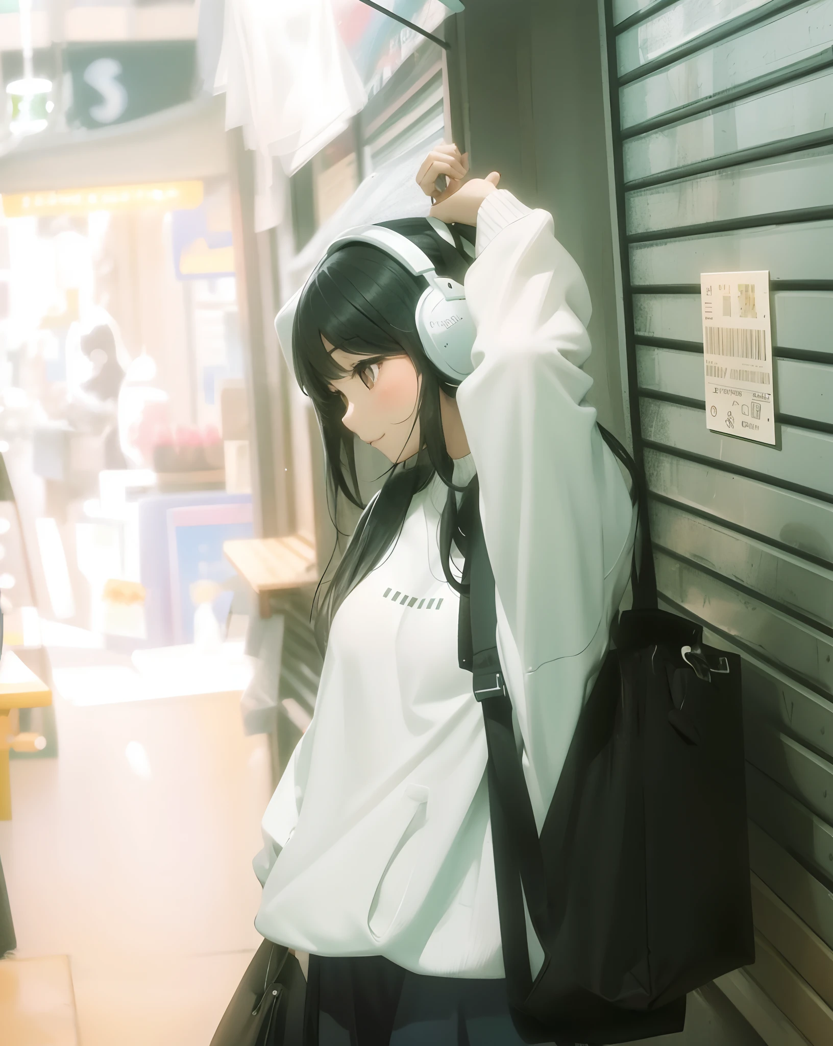 1 beautiful Korean girl, facing sideways, wearing a plain white sweater, long black hair, wearing a black bag, wearing white Bluetooth headphones, 2 hands up holding each other, leaning against the shop, has beautiful eyes, sharp nose, smiles